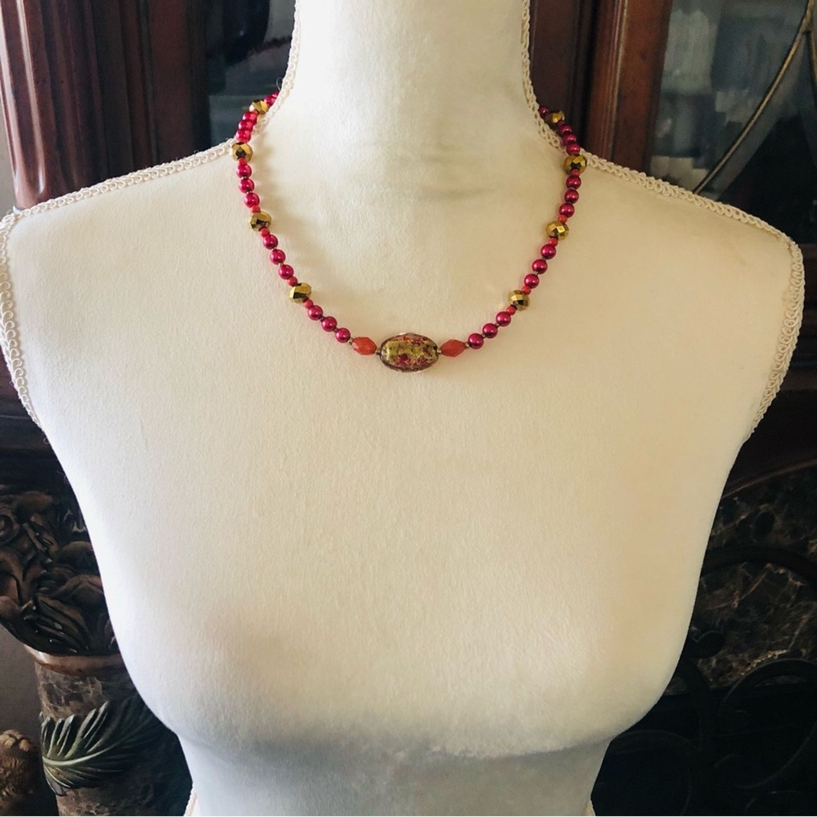 Handmade Handcrafted repurpose crystal red coral Pearl necklac Size ONE SIZE - 4 Thumbnail