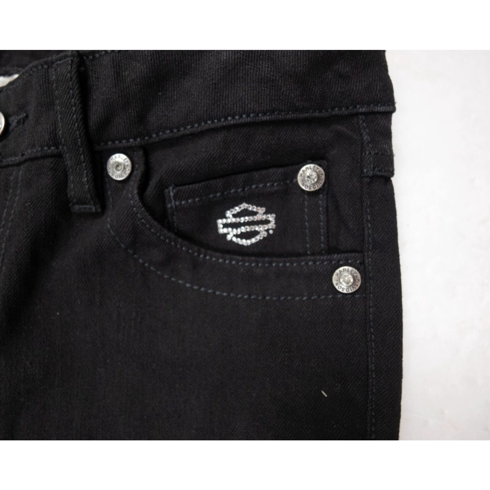 Harley Davidson VINTAGE Harley-Davidson Womens Jeans Flared Denim Pants 4 Black Motorcycle Embellished Stretch Size 27" / US 4 / IT 40 - 3 Thumbnail