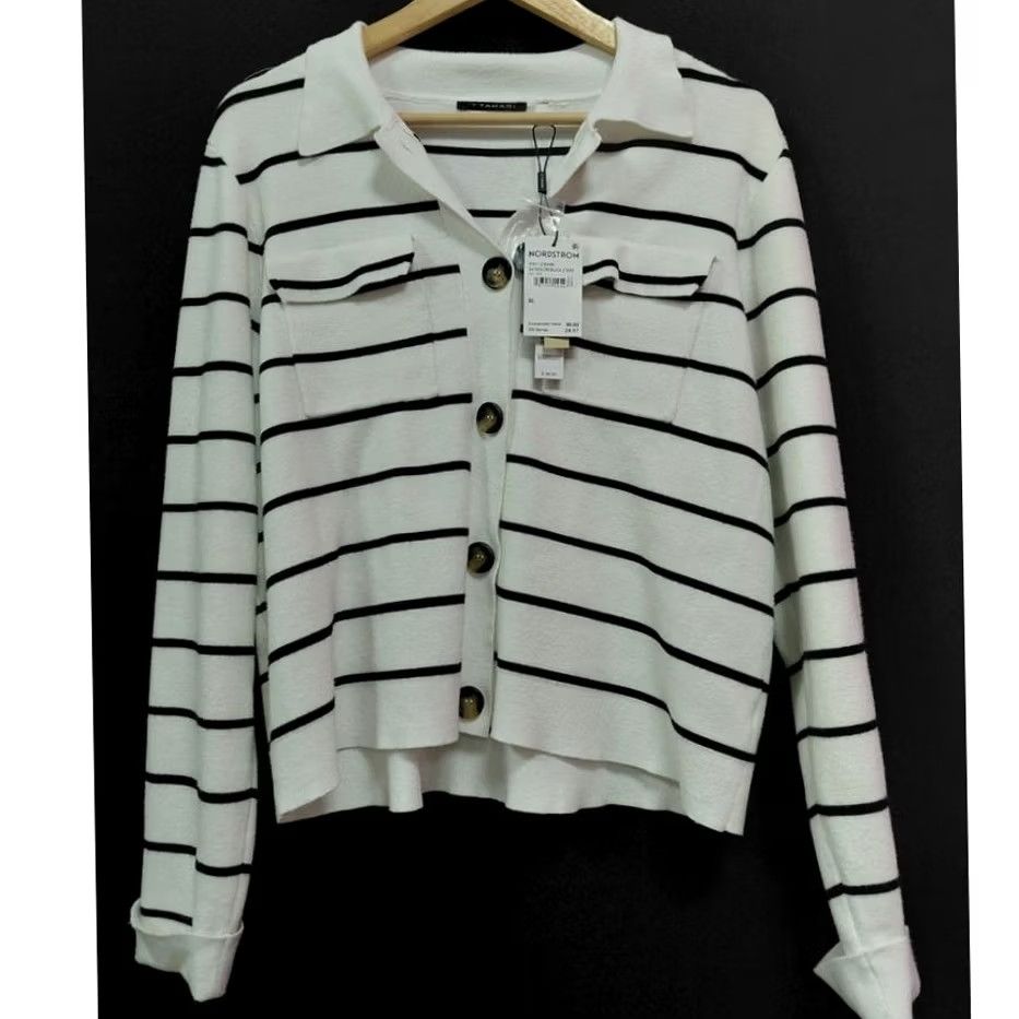 Ann Taylor NWT Ann Taylor Striped Cardigan White Black Knit Button-Up Long Sleeve Size M Women Mens Girls Size M / US 6-8 / IT 42-44 - 2 Thumbnail
