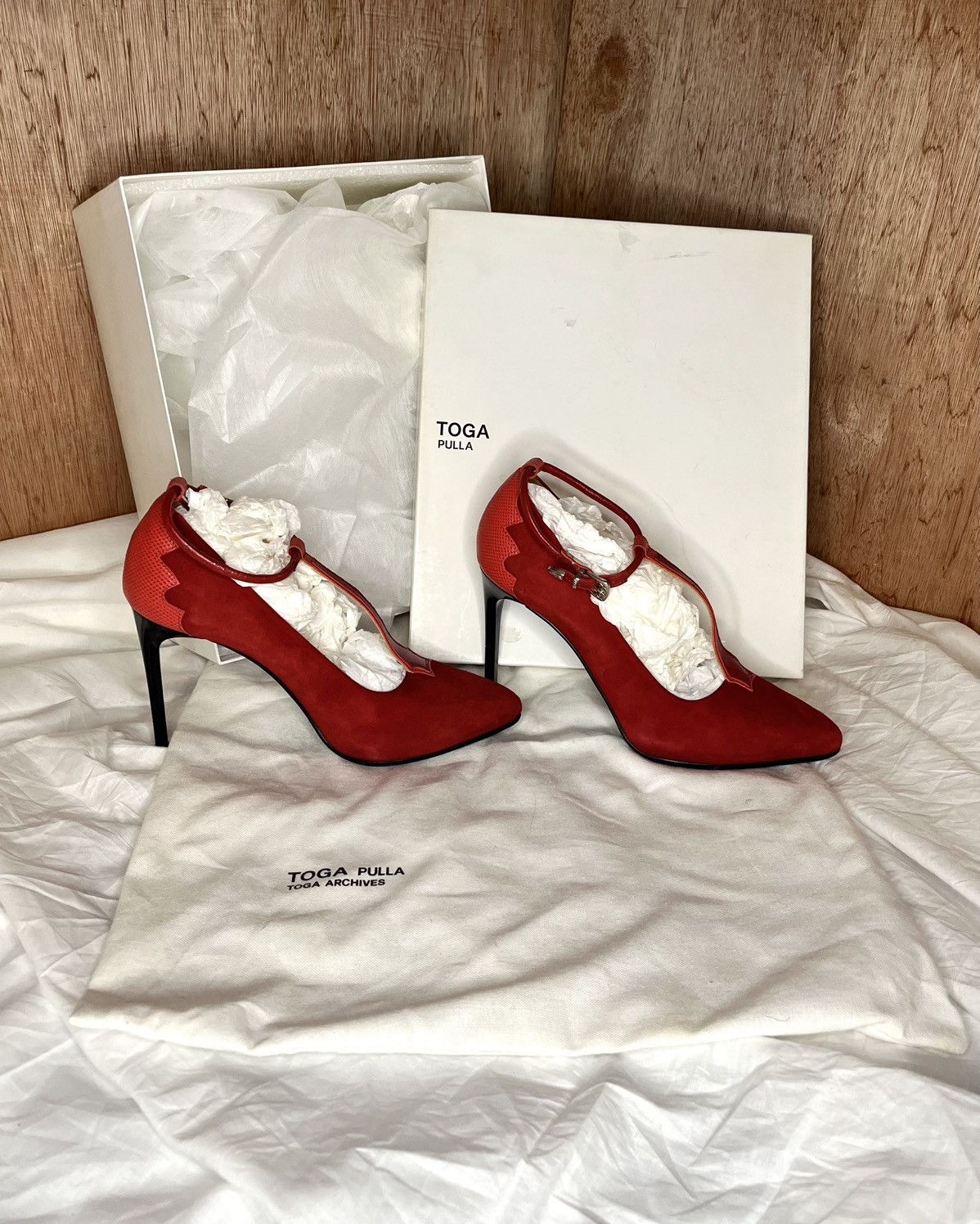 Toga Pulla Toga Pulla Red Suede T-Bar Stiletto Pumps Size US 6 / IT 36 - 2 Thumbnail