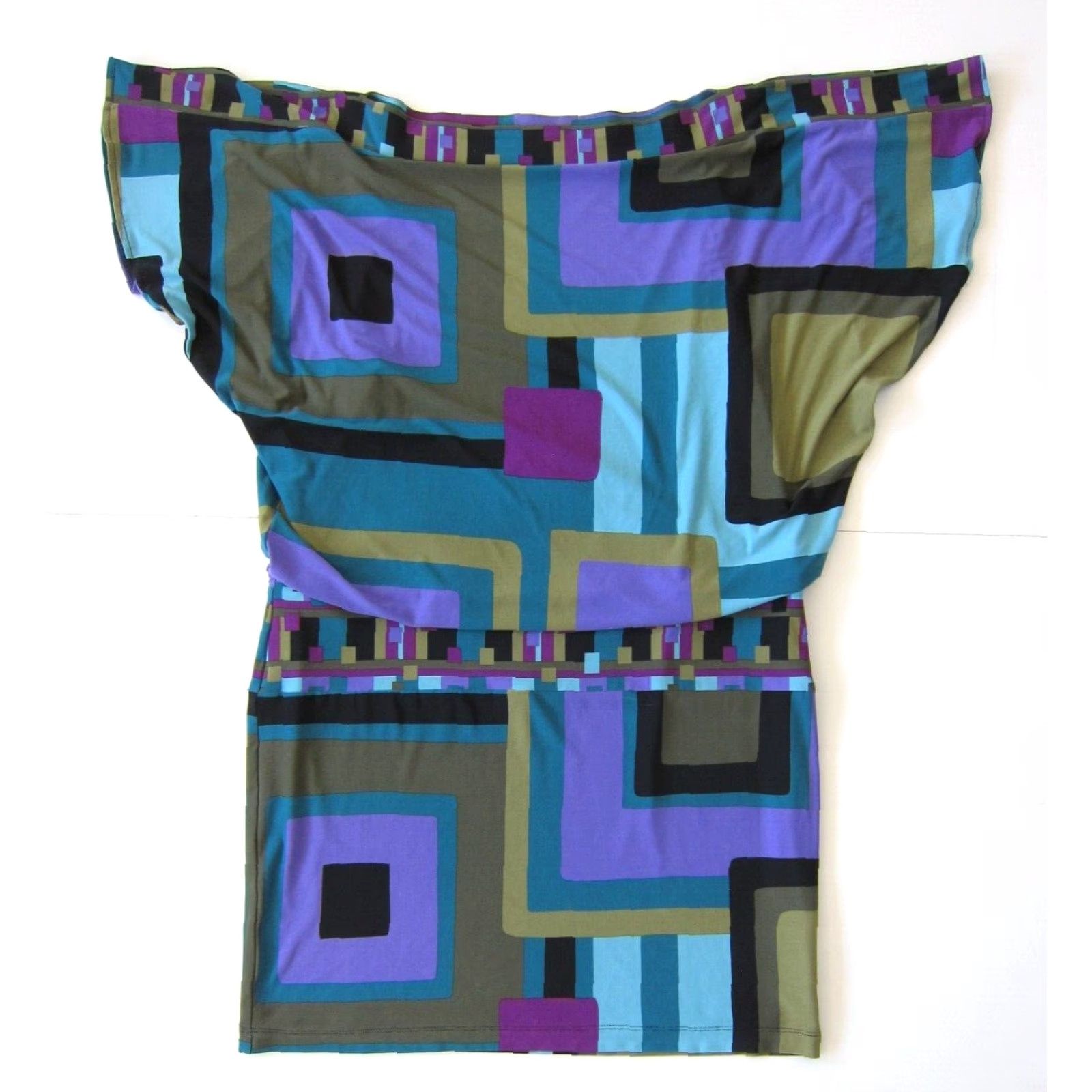 Vintage Muse Dress Geometric Stretch Boxy Empire Sheath Tunic Green Purple Black 14 Women Size XL / US 12-14 / IT 48-50 - 2 Thumbnail