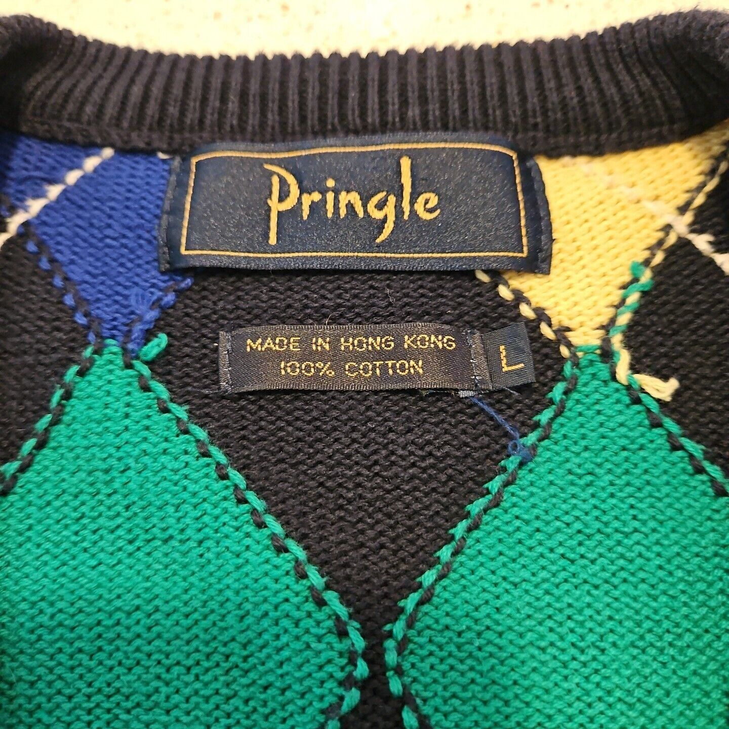 Pringle Of Scotland Pringle Argyle Sweater Mens L Preppy Cotton Heavyweight V Ne Size US L / EU 52-54 / 3 - 7 Thumbnail