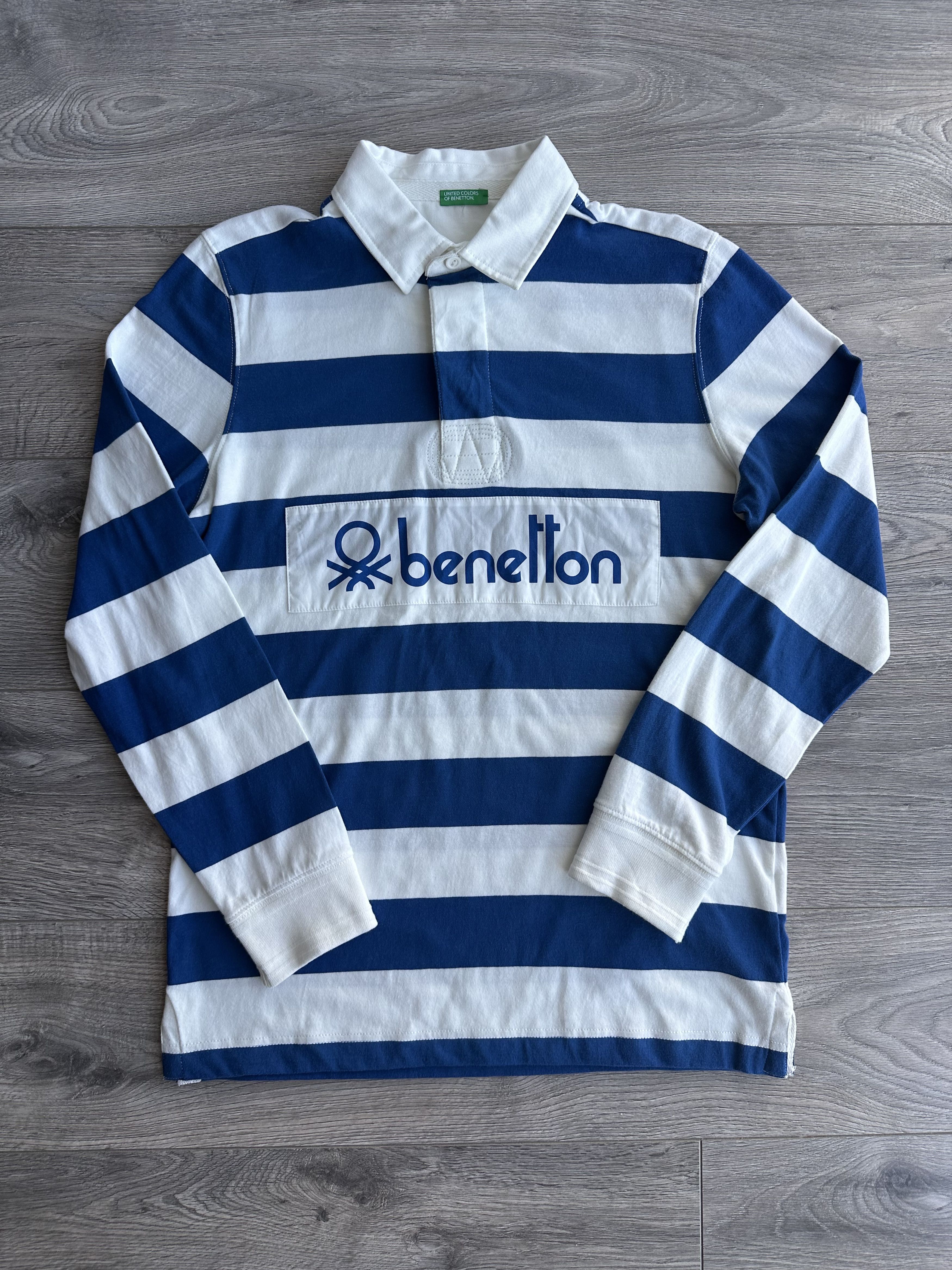 Benetton White / Blue Long Sleeved Rugby Shirt - Double