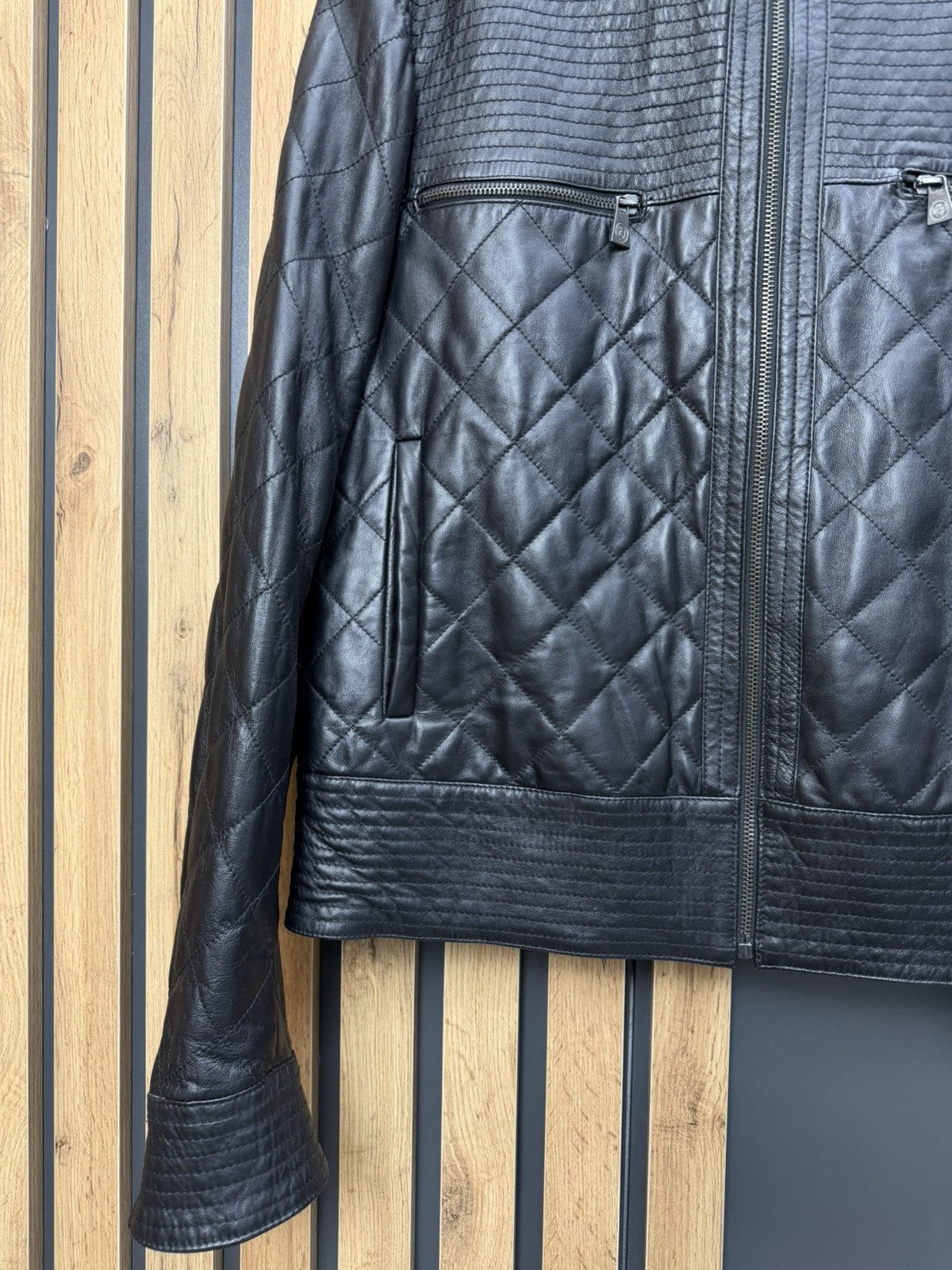 Trussardi Trussardi Collection Black Leather Quilted Jacket Moto Style Size US L / EU 52-54 / 3 - 4 Thumbnail