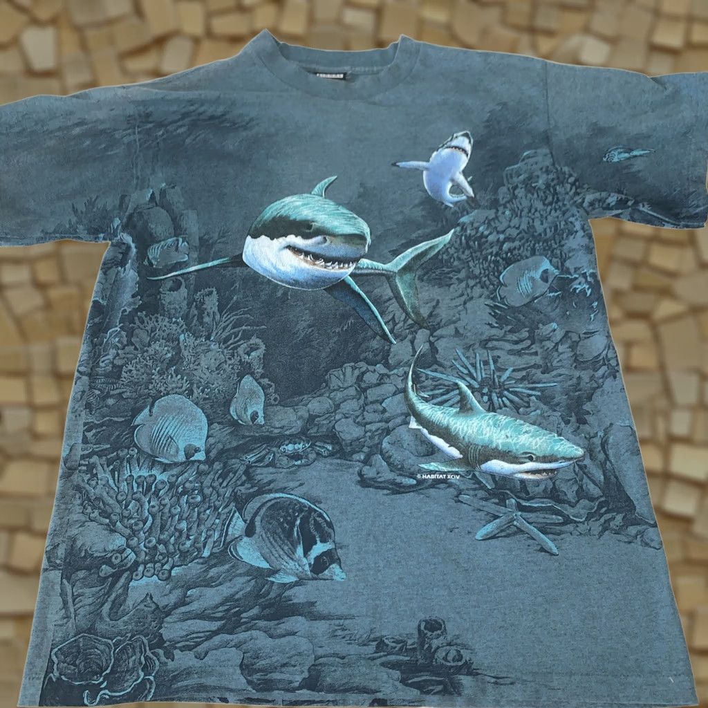 Habitat VINTAGE 1994 Habitat Signal Sharks Ocean Nature Mens Shirt L Blue All Over Print Size US L / EU 52-54 / 3 - 1 Thumbnail