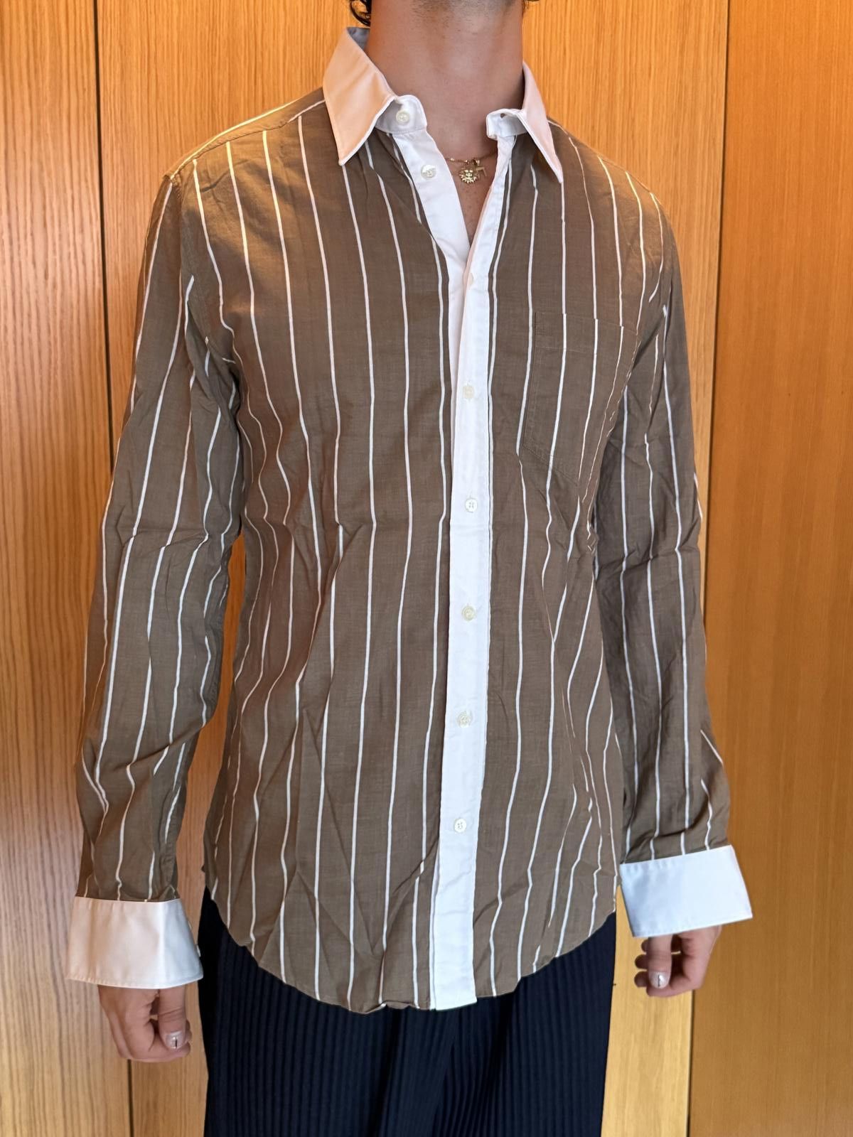 D.Gnak By Kang.D D&G Men's Brown and White Striped Slim Fit Dress Shirt Size US M / EU 48-50 / 2 - 2 Thumbnail