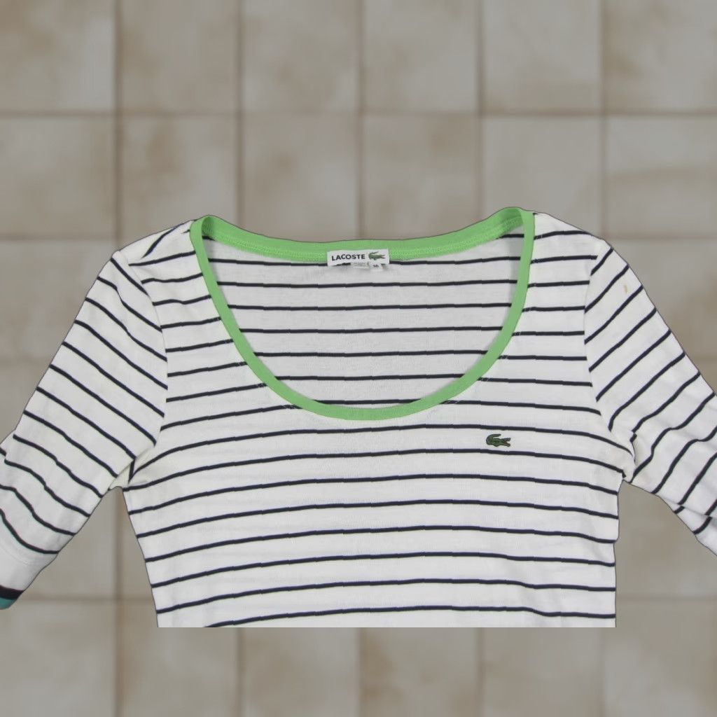 Lacoste Lacoste Shirt Womens S White Striped Knit Short Sleeve Scoop Neck Turquoise? Size S / US 4 / IT 40 - 1 Thumbnail