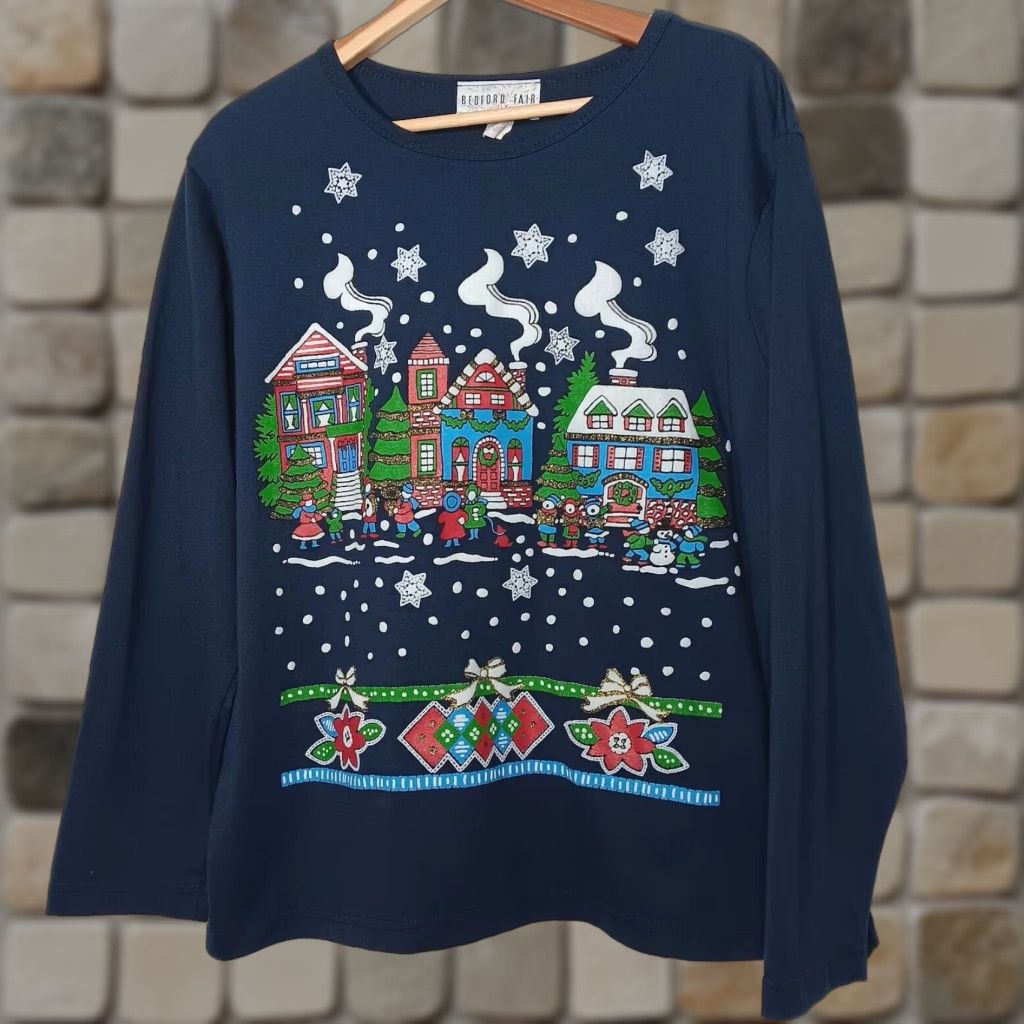 Vintage VINTAGE Bedford Fair Womens Long Sleeve Knit Christmas Shirt XL Winter Holiday Glitter Blue Size XL / US 12-14 / IT 48-50 - 1 Thumbnail