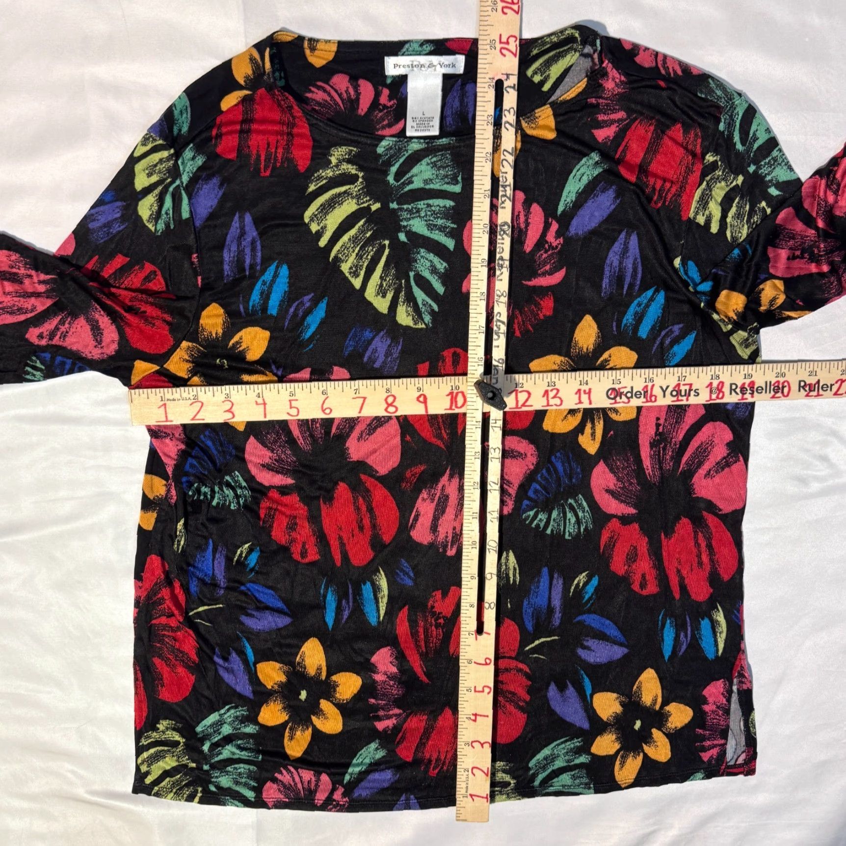 Preston & York Preston & York T-Shirt - Black Colorful Floral Print Top, L, Crew Neck, 3/4 Sleeve, Jersey, Logo, Casual, Regular Fit, Women Size L / US 10 / IT 46 - 5 Thumbnail