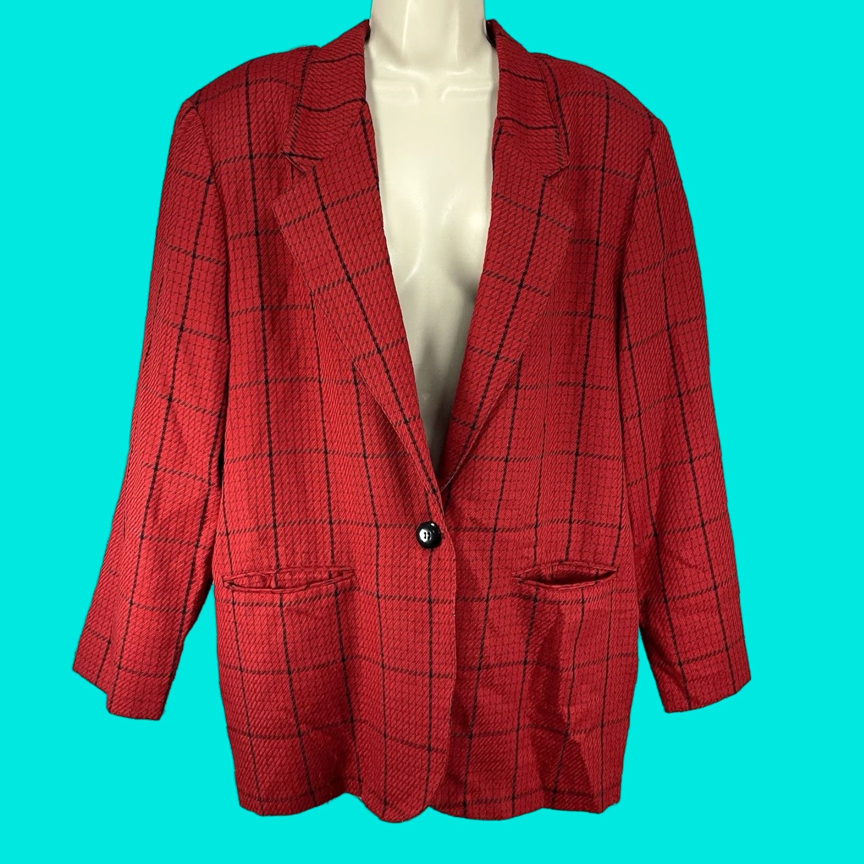 VINTAGE Samantha VTG USA Red Check One Button Lightweight Blazer Pockets Size 14