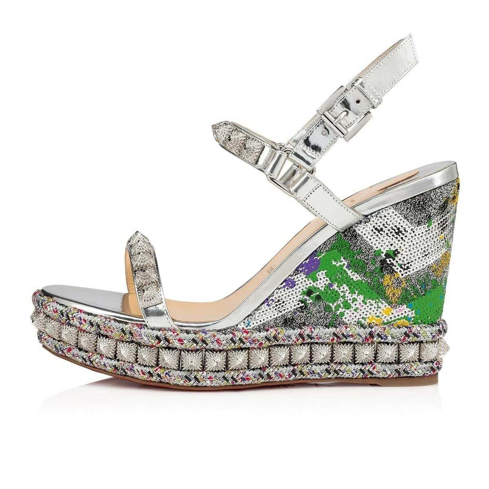 Christian Louboutin Pira Ryad 110 Silver Sequin Platform Wedge Sandal Heel 36 Size US 6 / IT 36 - 3 Thumbnail