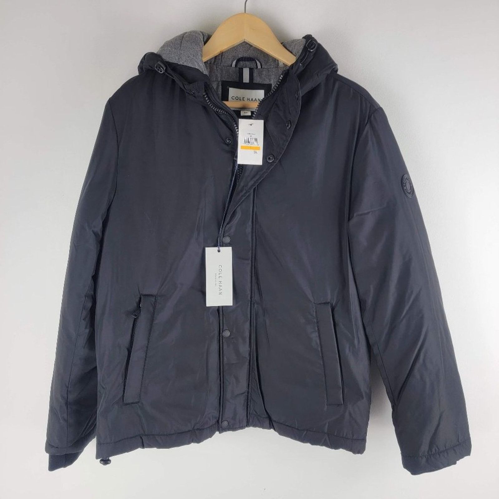 image of New Cole Haan Signature Hooded Oxford Jacket Black Full Zip, Men's (Size Small)