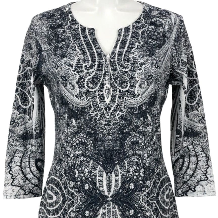 Vintage Style&co Blouse Women M Gray Beaded Paisley Henley 3/4 Sleeve Boho Grunge Y2K Rock Hippie Casual Shirt Womens Size M / US 6-8 / IT 42-44 - 2 Thumbnail