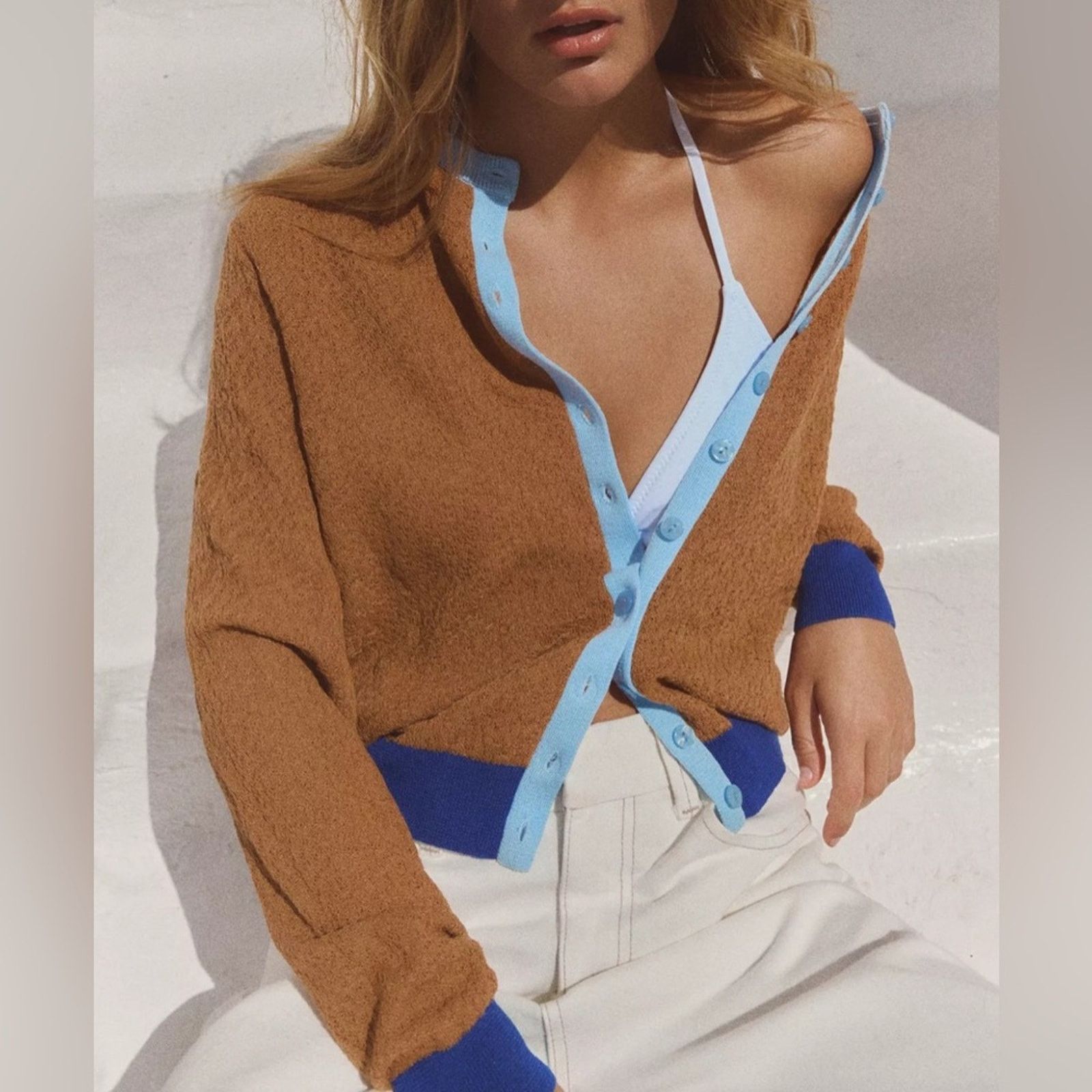 Zara NWT-Zara Brown Knit Cardigan with Blue Buttons Size L / US 10 / IT 46 - 1 Thumbnail