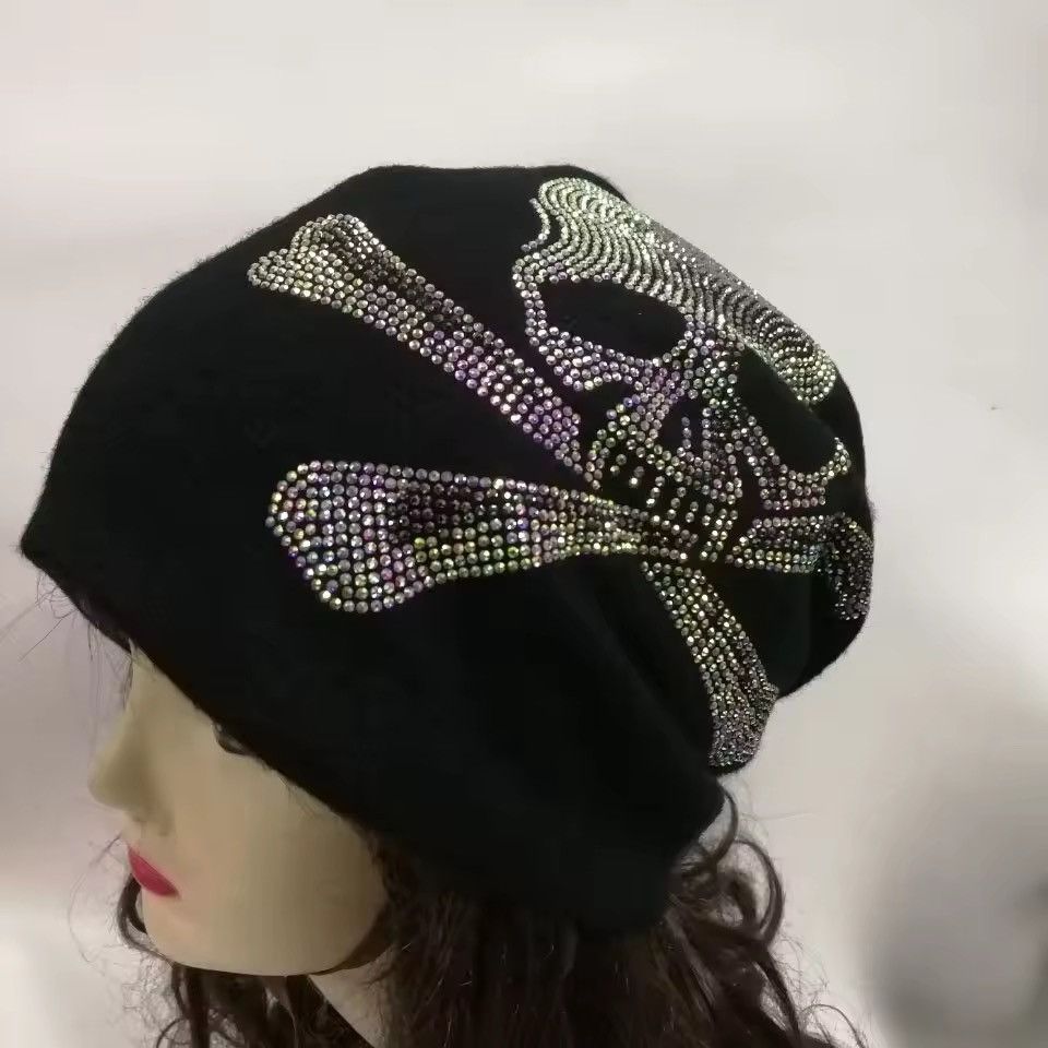 Japanese Brand Gothic Black Skull Rhinestone Knitted Beanie Hats Size ONE SIZE - 1 Thumbnail