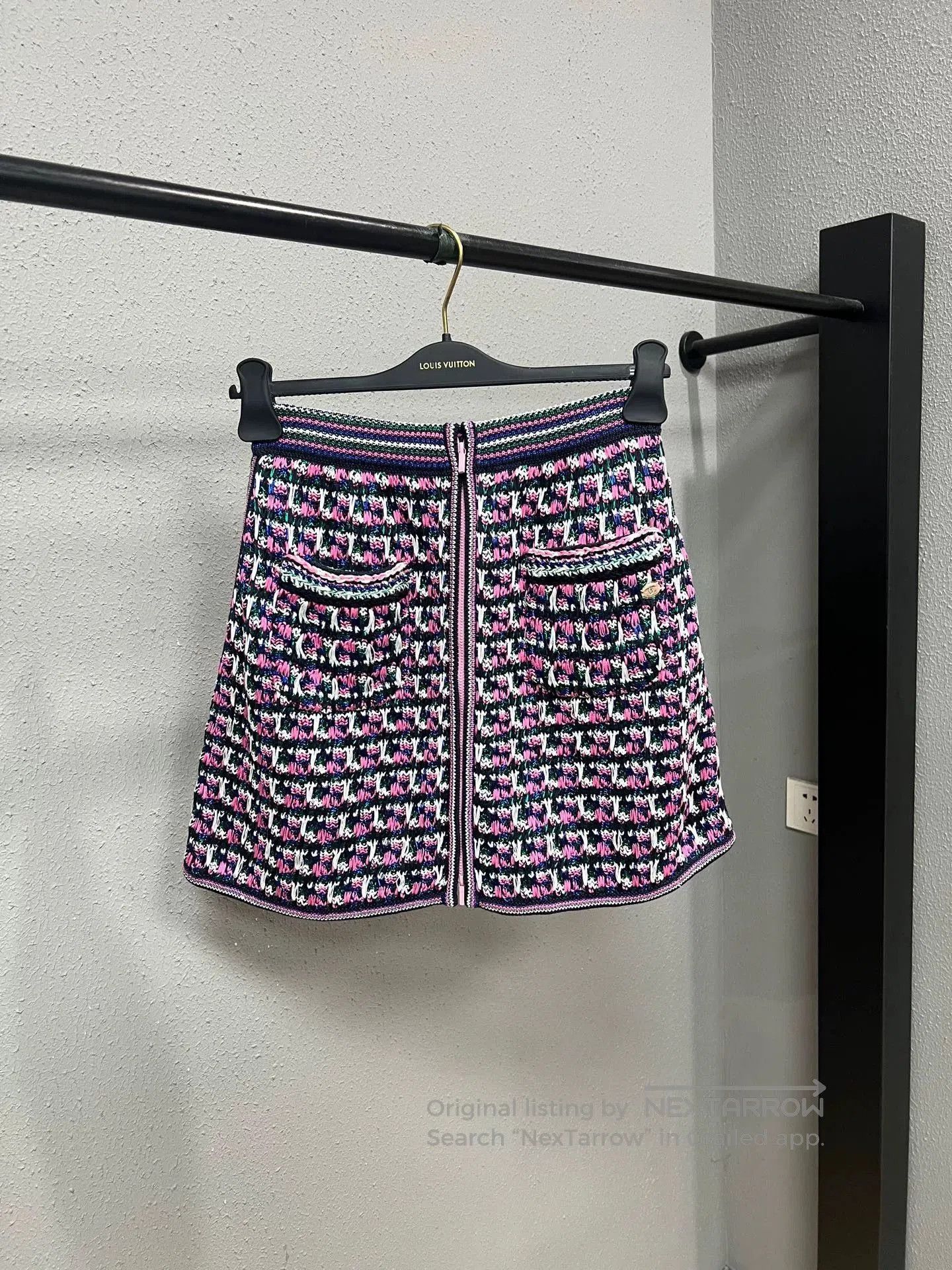 purple tweed Chanel mini skirt.