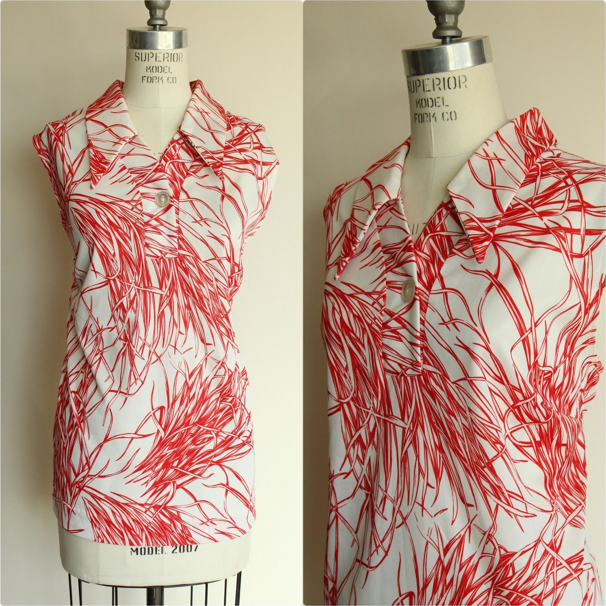 Vintage Vintage 1970s Top, Red and White Dagger Collar Botanical Pr Size XXL / US 16-18 / IT 52-54 - 1 Thumbnail