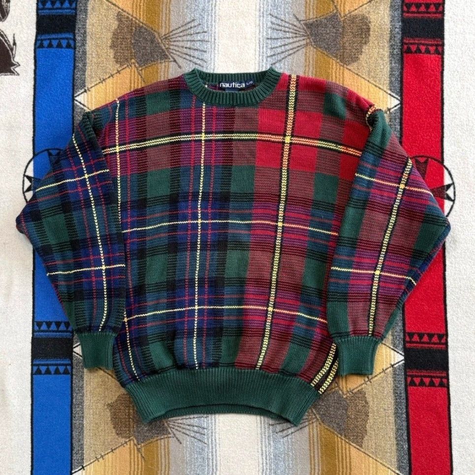 VINTAGE Nautica Pullover Shirt Men 90s Plaid Colorful Knit Knitwear Long Sleeve Medium Seasonal Fall Spring Winter Mens