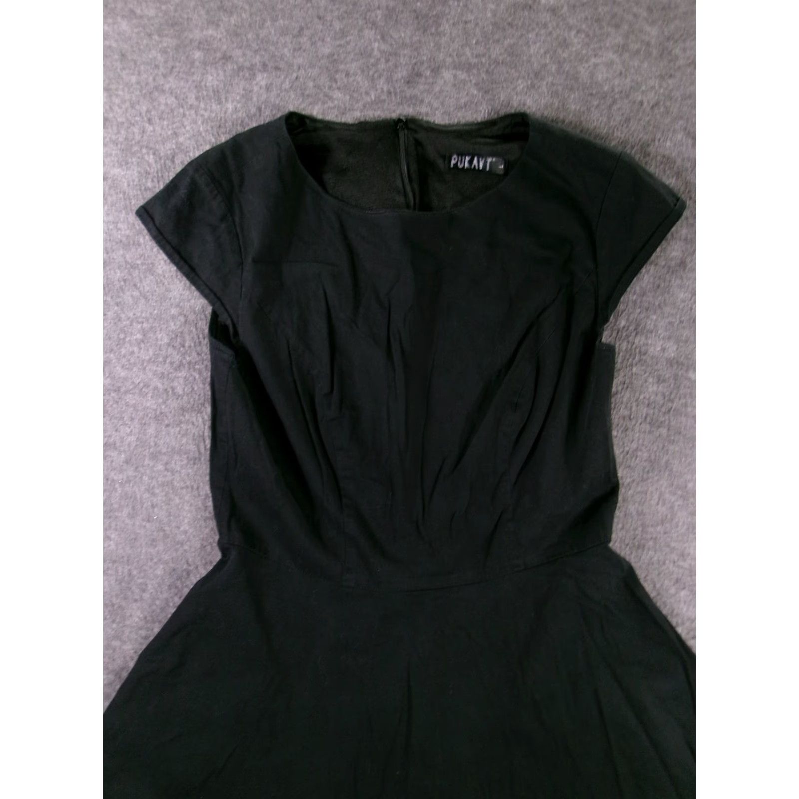 Vintage PUKAVT Dress Women Large Fit and Flare Cap Sleeve Black Cotton Spandex A-Line Size L / US 10 / IT 46 - 2 Thumbnail