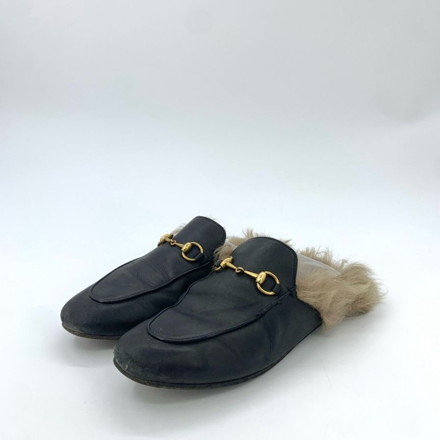 Gucci Gucci Black Leather & Fur Horsebit Slip-On Loafers Size US 8 / IT 38 - 1 Thumbnail