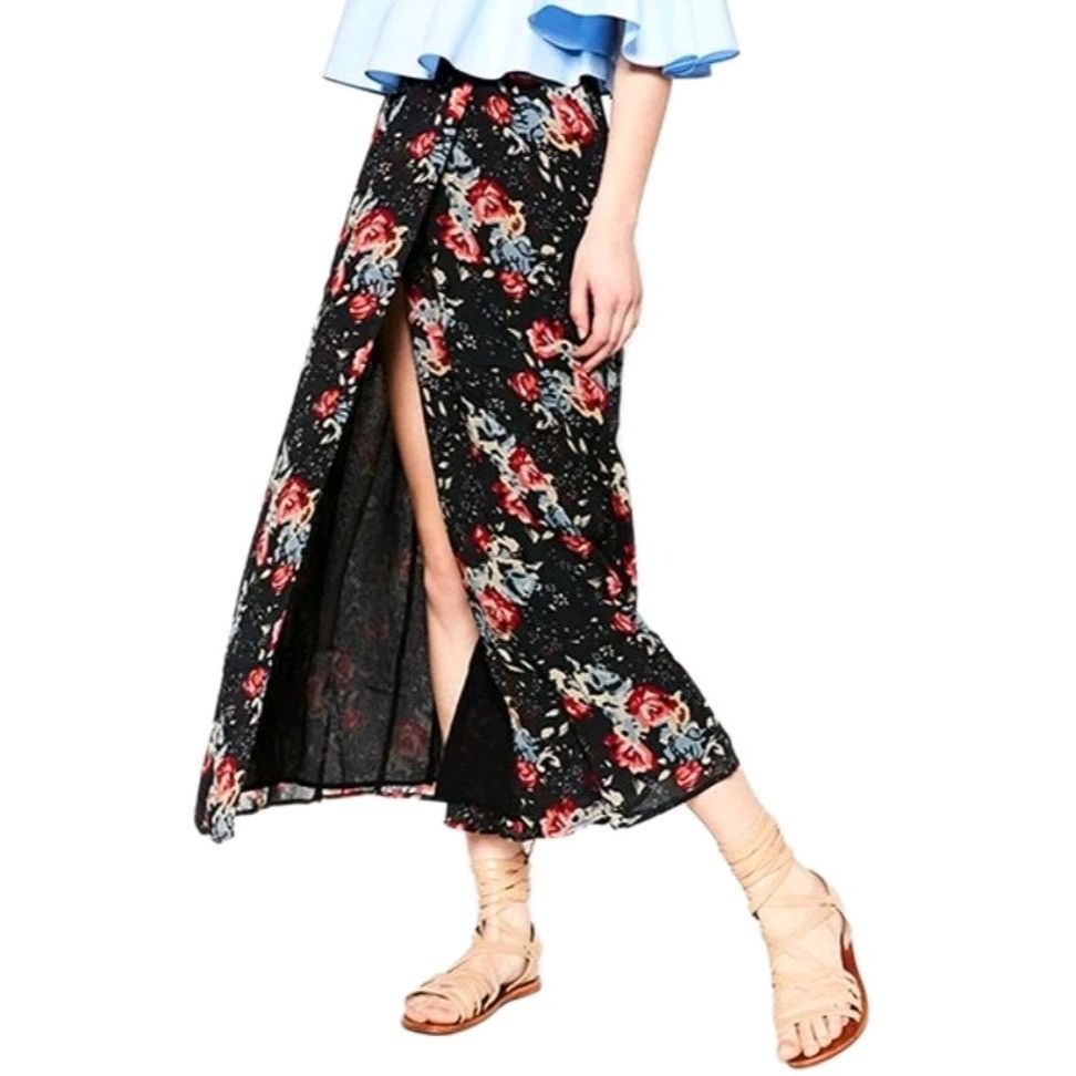 Zara Zara Black Blue Pink Floral Wrap Midi Skirt Womens Medium Size 29" - 1 Thumbnail