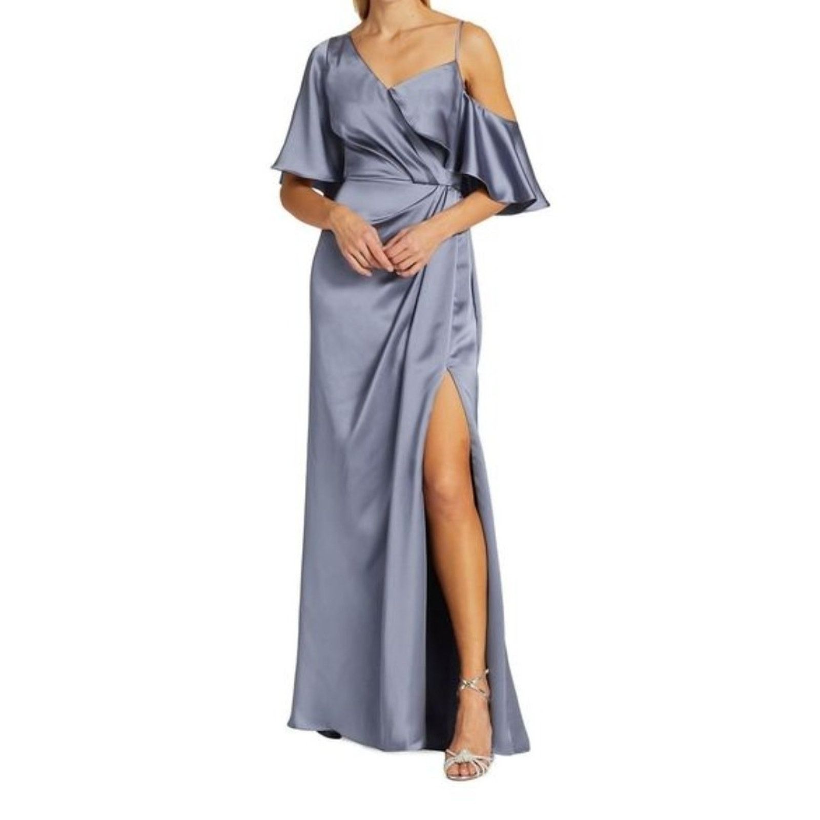 Amsale Blue Asymmetric Ruffle Sleeve Gown Women Dress Siz 14