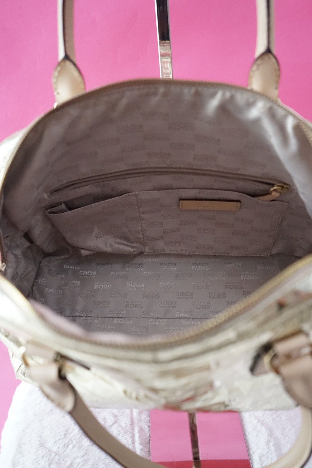 Michael Kors MICHAEL KORS Metallic Gold Mirror MK Logo Embossed Satchel Size ONE SIZE - 3 Thumbnail