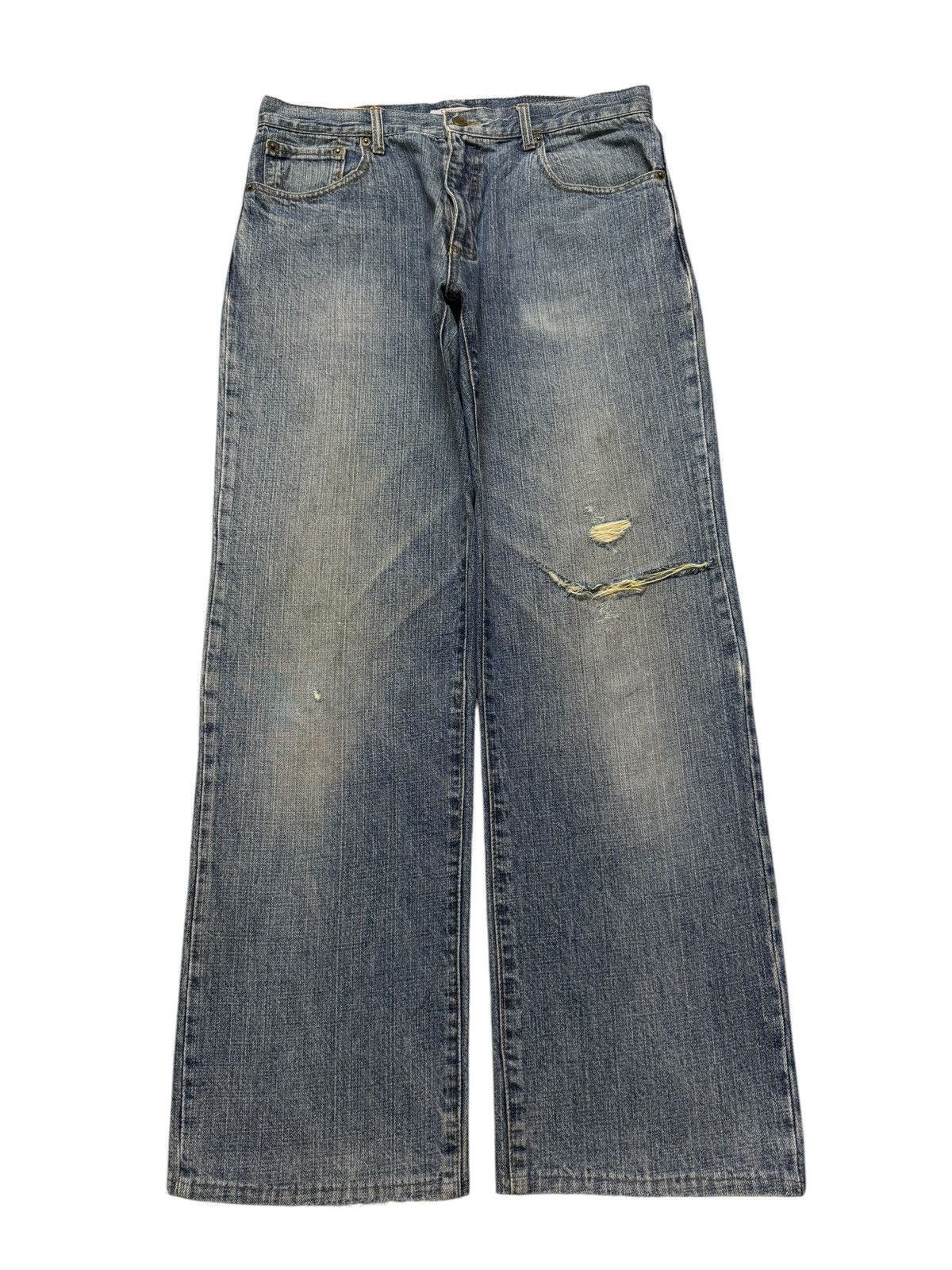 Hanes Vintage 90s Hanes Blue Faded Wash Distressed Wide Leg Baggy Size US 32 / EU 48 - 1 Thumbnail