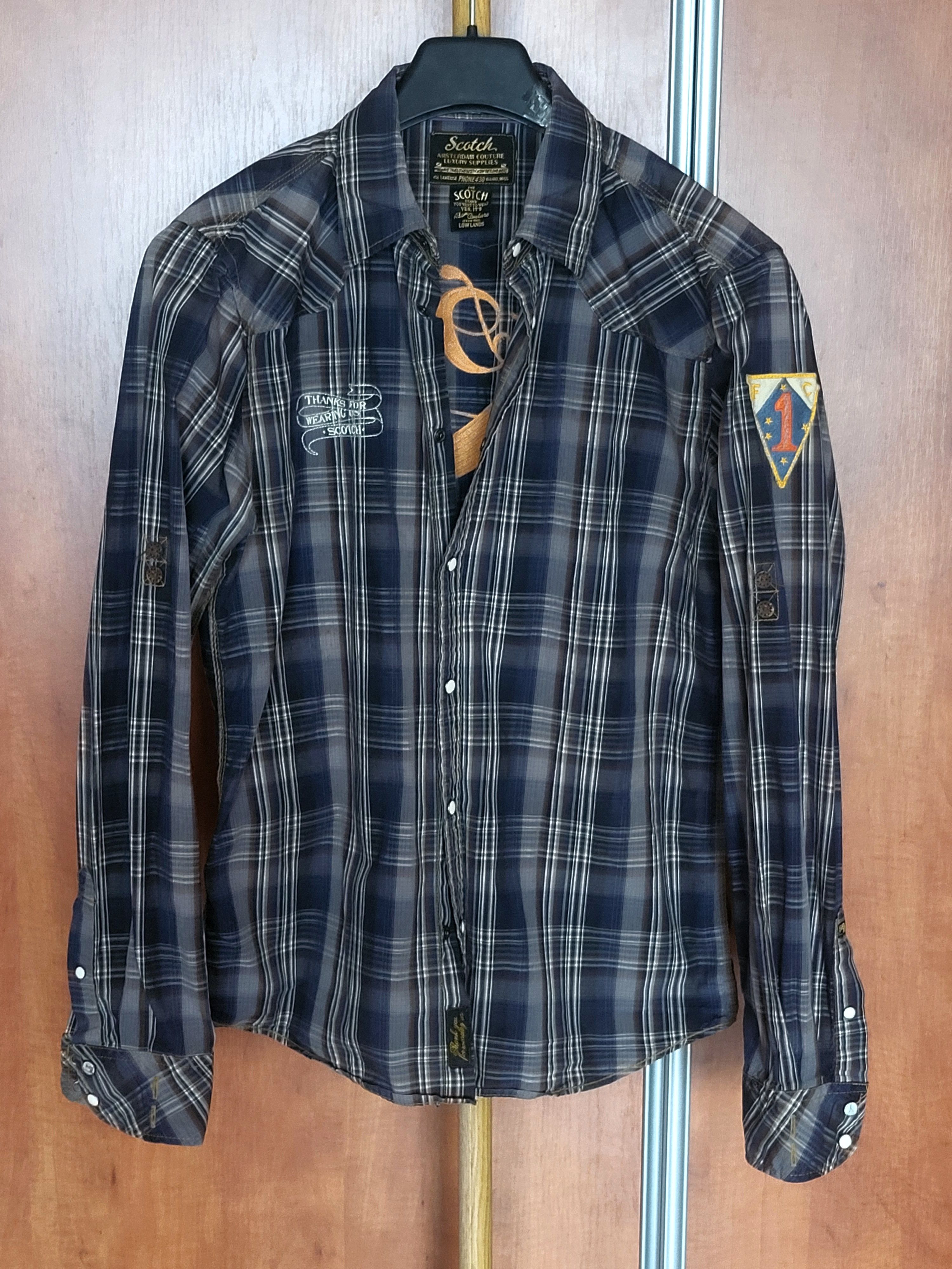 Scotch & Soda Mens shirt slim blue plaid rollup sleeve snap. Size US L / EU 52-54 / 3 - 4 Thumbnail