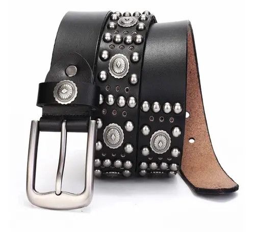 image of Leather Metal Rivet Cowboy Belt in Black, Men's