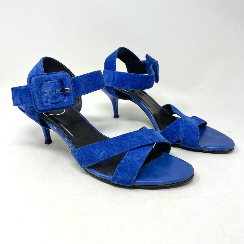 Roger Vivier Roger Vivier Blue Suede Criss Cross Kitten Heel Sandals 37.5 Size US 7.5 / IT 37.5 - 2 Thumbnail