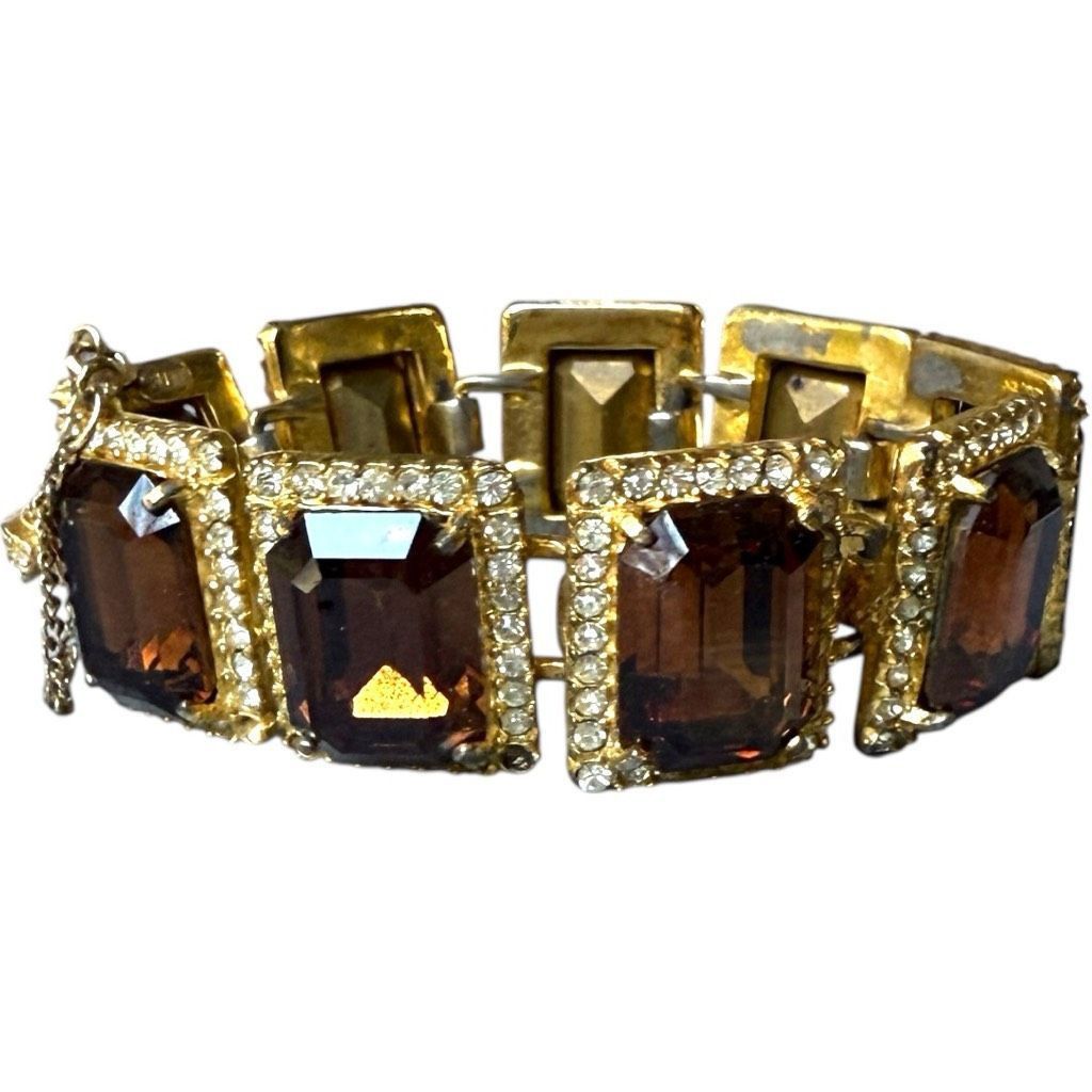 Vintage BELLINI Vintage Signed Gold Tone Rhinestone Emerald Cut Brow Size ONE SIZE - 1 Thumbnail
