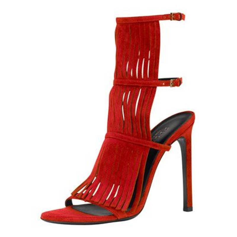 image of Gucci Red Flame Suede Fringe Becky Gladiator Tall Sandals 34 4, Women's