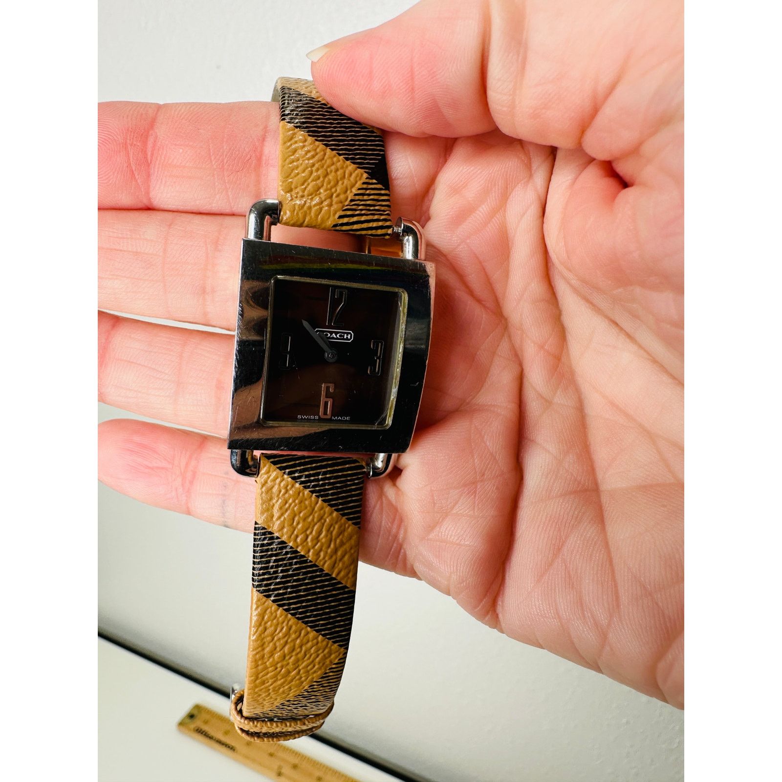 Coach Coach Silver Square Bronze Face Watch Tan Plaid Watchband Size ONE SIZE - 8 Thumbnail