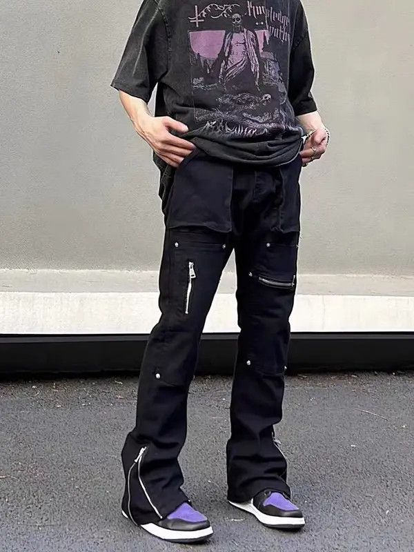 VIBE Street hip-hop irregular zipper workwear micro-flare jeans Size US 33 - 4 Thumbnail