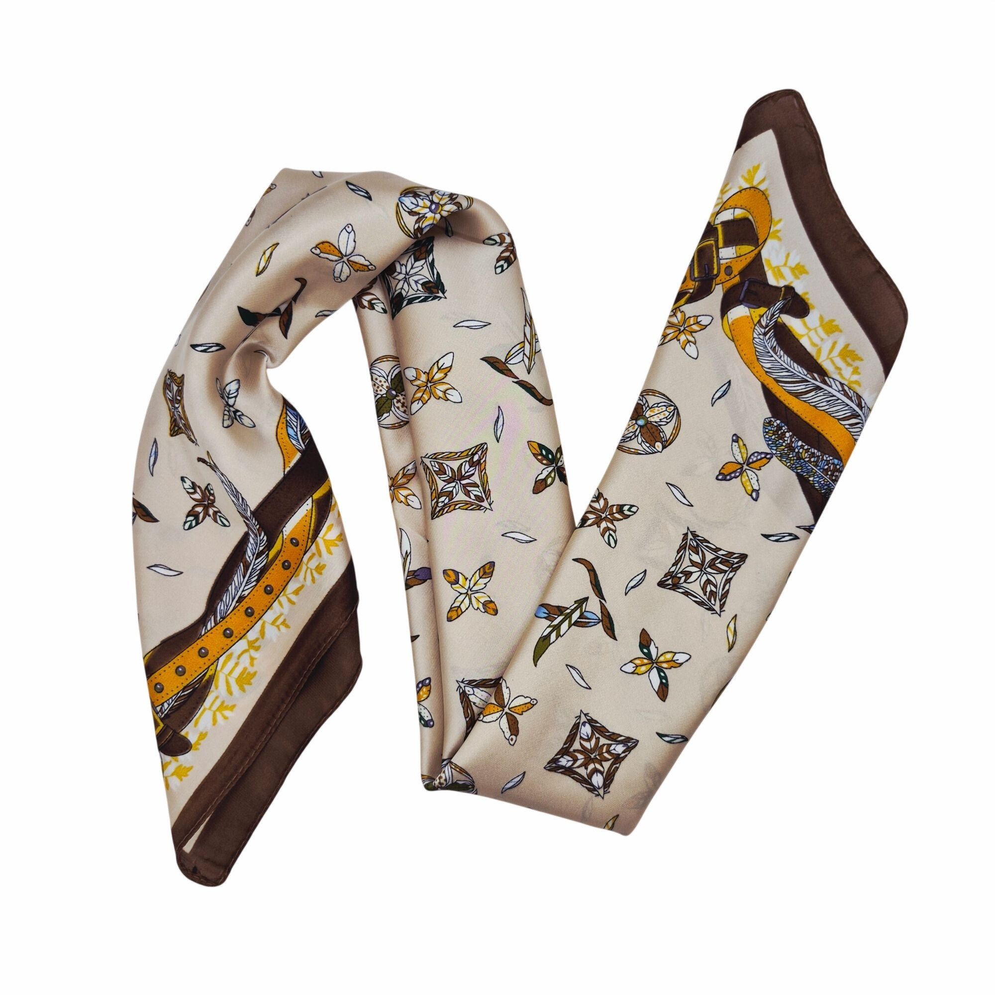 Other ⭐Luxury Elegant Bandana Silky Square Scarf Beige Floral Vers Size ONE SIZE - 3 Thumbnail