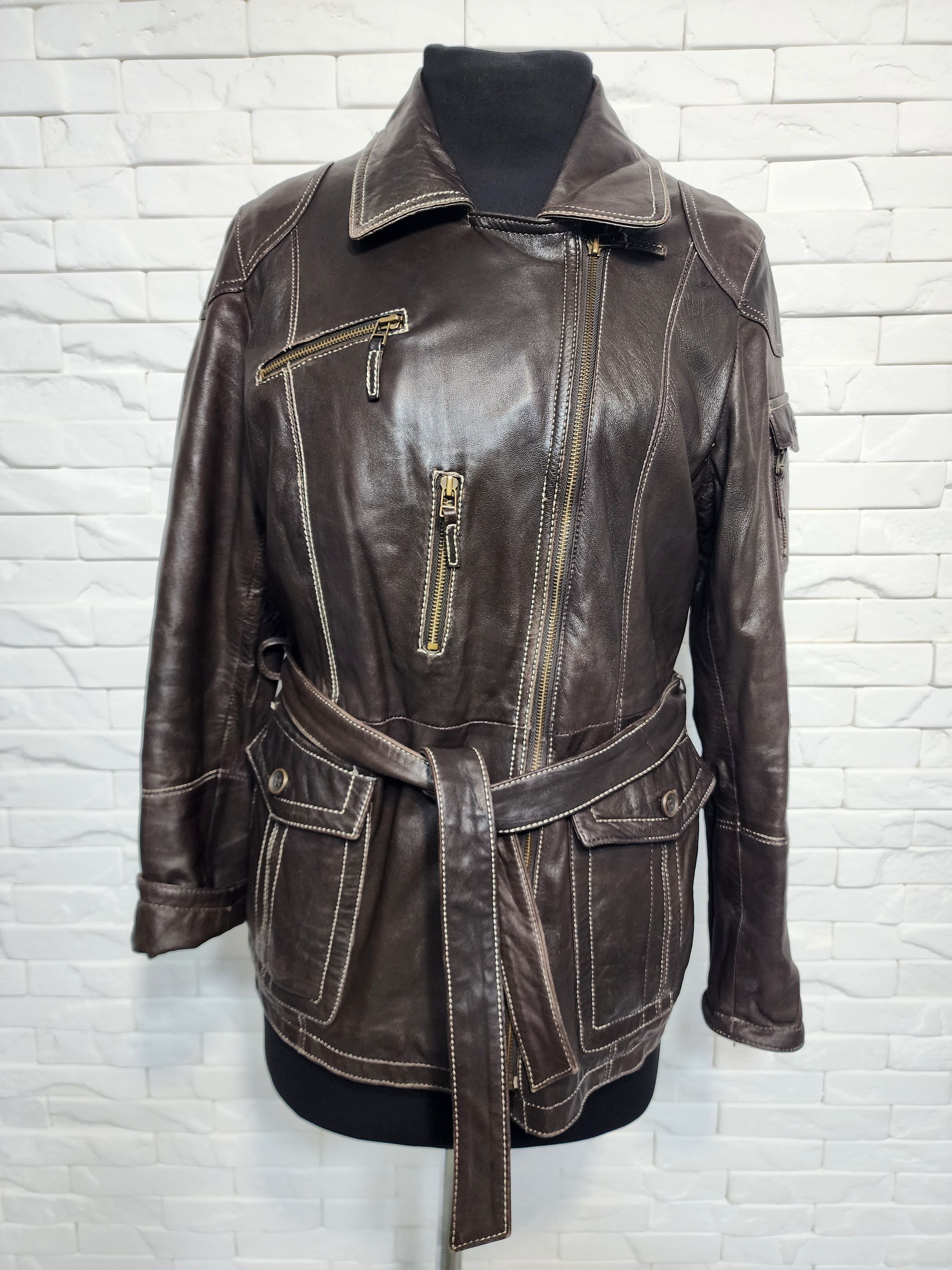 Designer Brown Leather Belted Jacket: Size L / US 10 / IT 46 - 1 Thumbnail