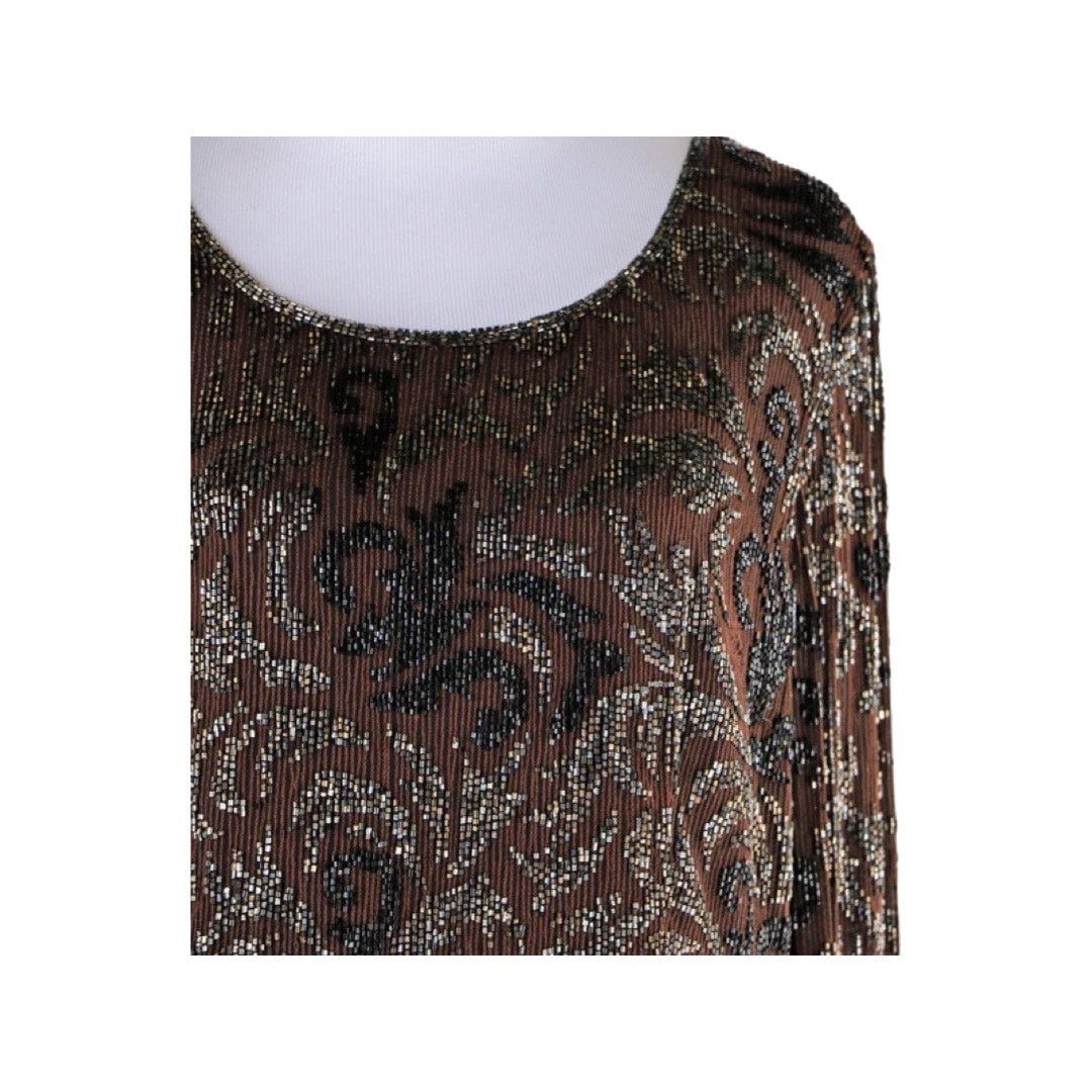 Vintage Frank Usher Sequin Top Brown Black Beaded Silk Blouse Medium Size M / US 6-8 / IT 42-44 - 3 Thumbnail
