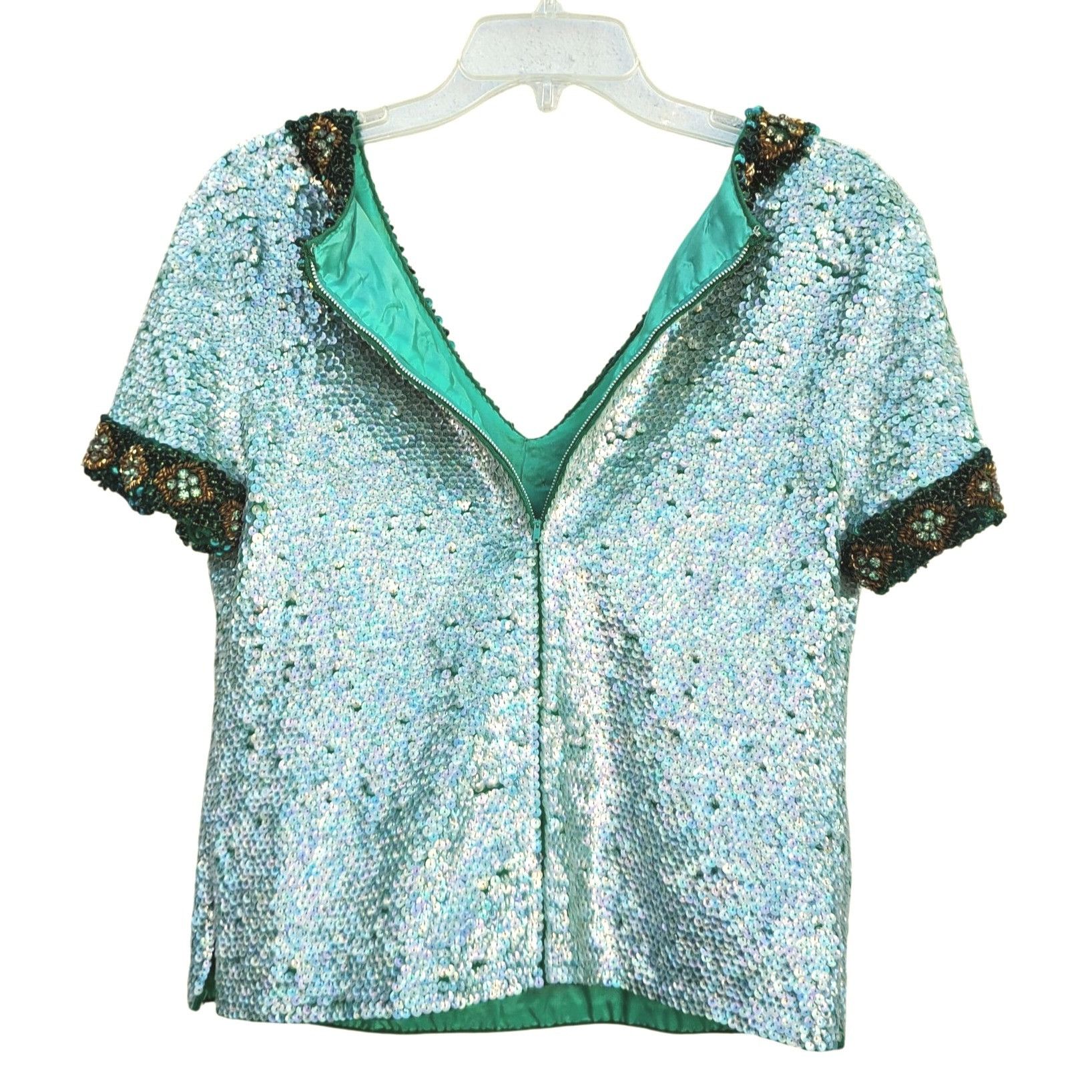 Vintage 60s Sequin Beaded Rhinestone Skirt Set M NWT Turquoise Green Size M / US 6-8 / IT 42-44 - 13 Thumbnail