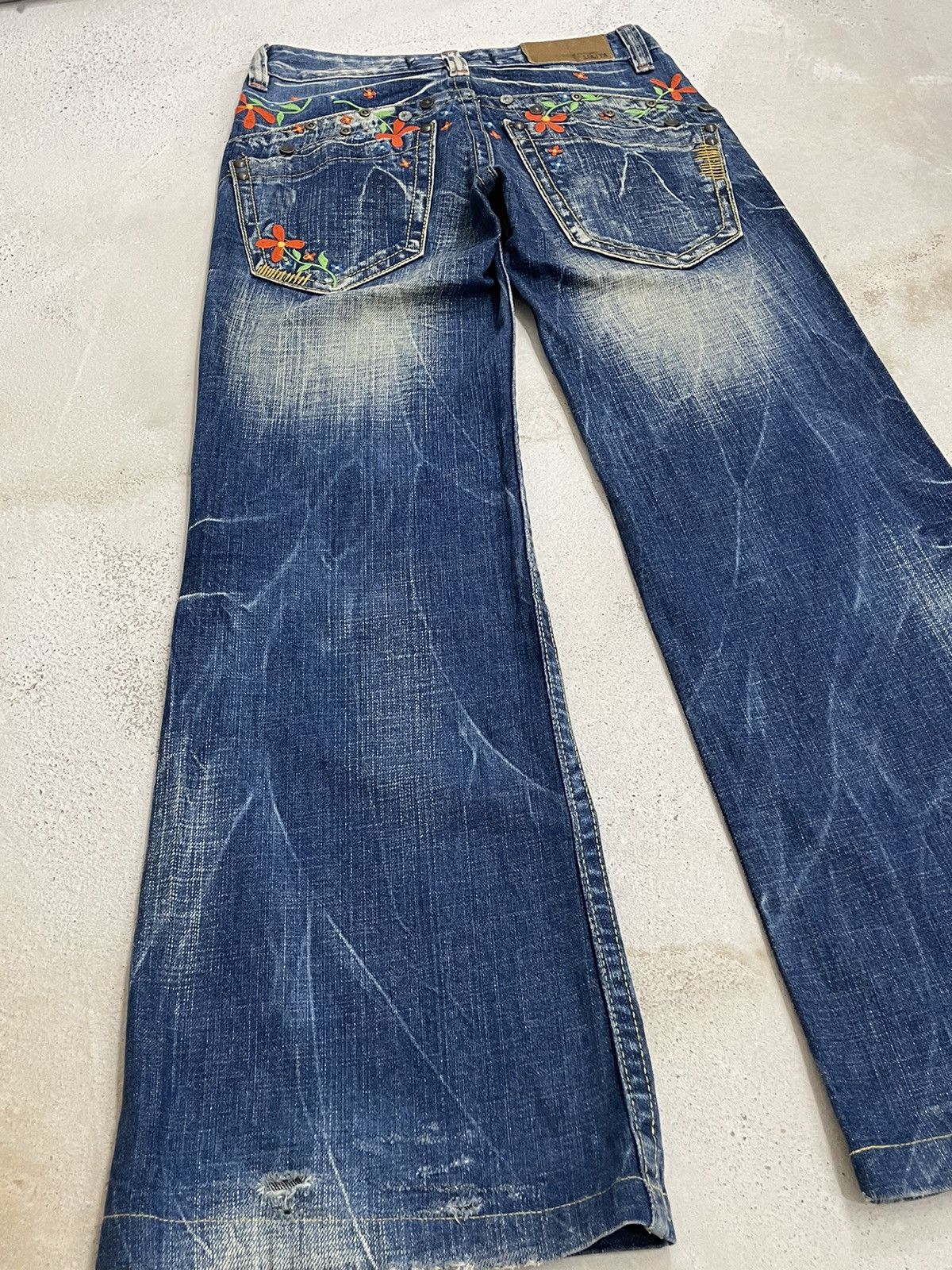 Designer Lolita Wide Leg Muddy Embroidery Studded Flare Denim Pants Size US 26 / EU 42 - 14 Thumbnail