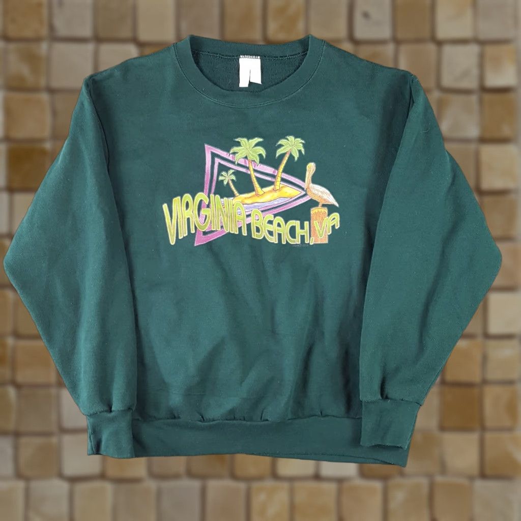 Vintage VINTAGE 80s Vaporwave Virginia Beach Pullover Sweatshirt Crewneck L Green Men/Adult Regular Size L Outrun Size US L / EU 52-54 / 3 - 1 Thumbnail