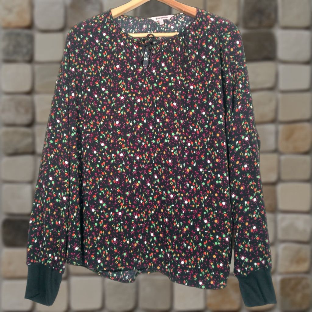 Juicy Couture VINTAGE Juicy Couture Blouse XXL Black Floral Polka Dot Lightweight Balloon Sleeve V neck Boho Hippie Bohemian Womens Beachy Peasant Tie Neck Size XXL / US 16-18 / IT 52-54 - 1 Thumbnail