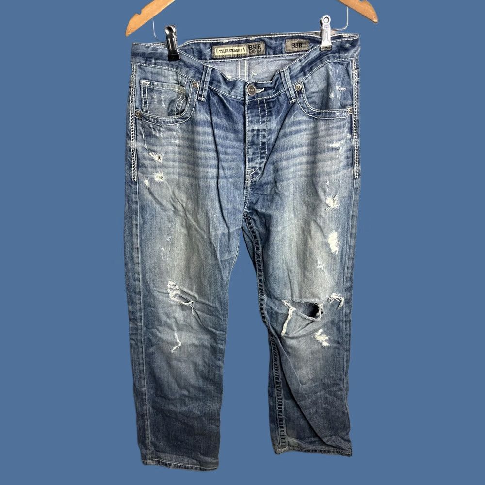 BKE BKE Tyler Straight Jeans Mens 33x34 Blue Distressed Denim Button Fly / Regular Inseam 34" 5-Pocket Grunge Vintage: No / Mens Size US 33 - 1 Thumbnail