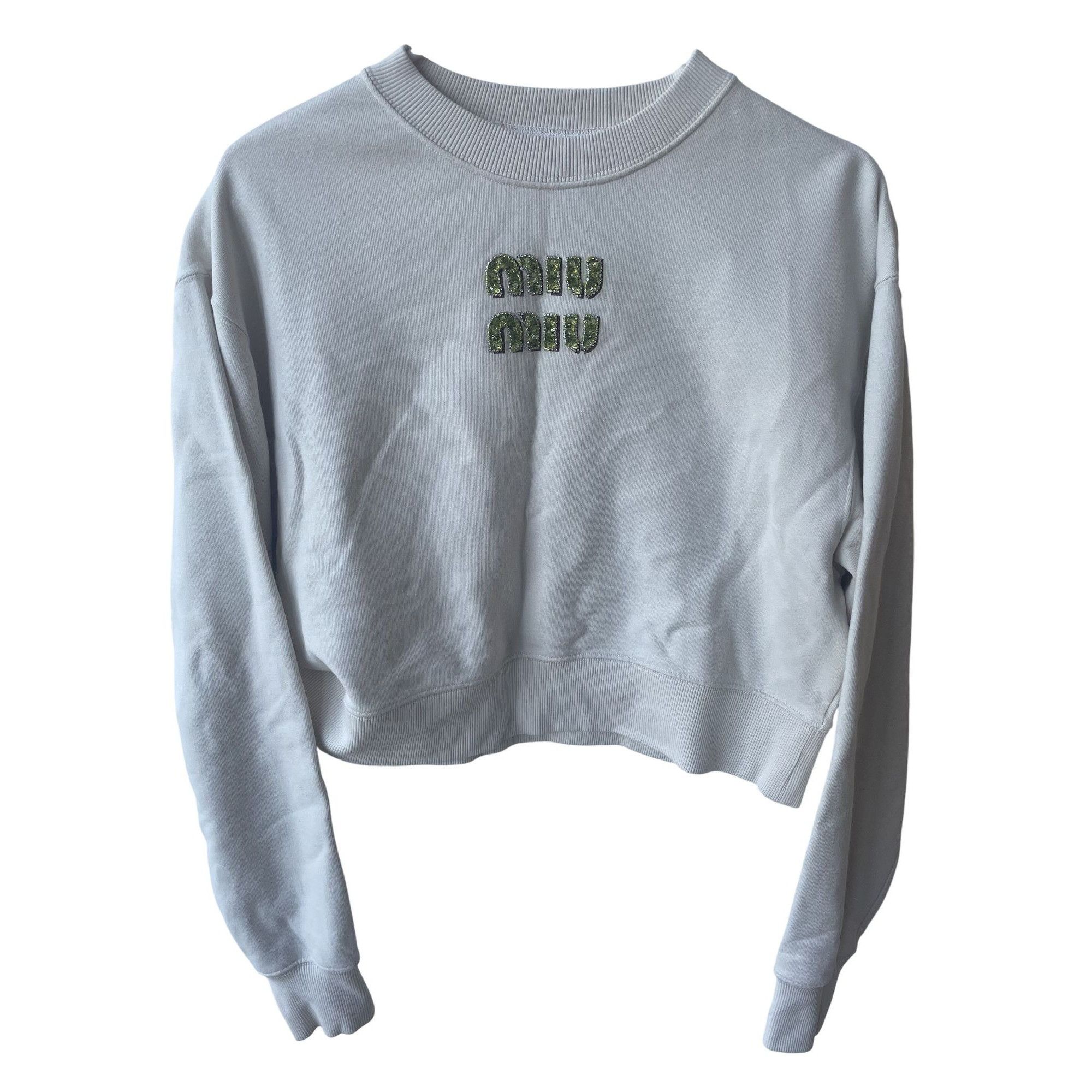 Miu Miu Miu Miu Womens Cropped Sweatshirt With Green Rhinestone Logo Size M / US 6-8 / IT 42-44 - 3 Thumbnail