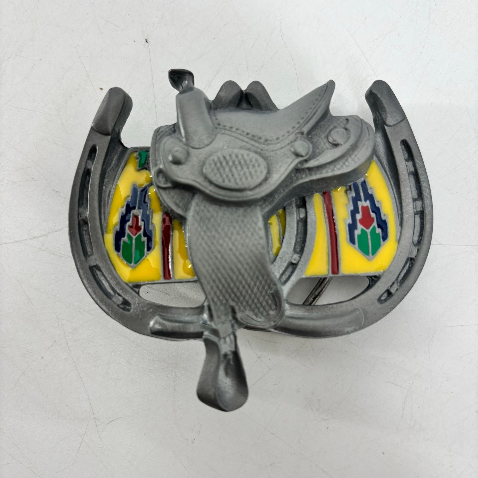 Vintage Western Belt Buckle Saddle Horseshoe Pewter Enamel Southwest Size ONE SIZE - 14 Thumbnail