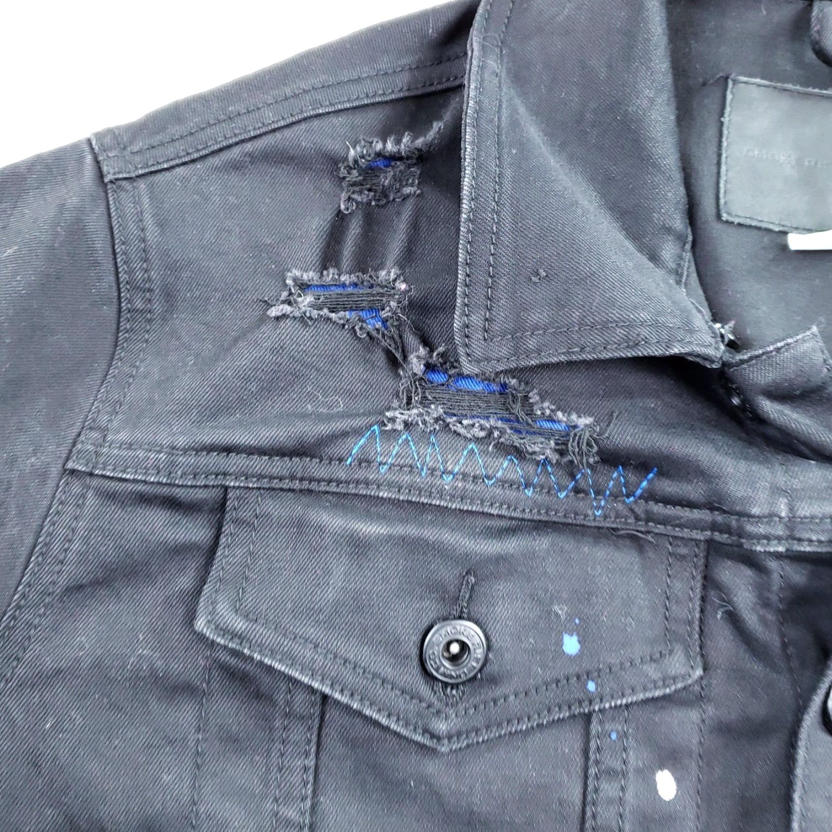 Vintage SmokeRise Jacket Mens Large Black Cross Rhinestone Distressed Paint Splatter Denim Bomber Jacket Size US L / EU 52-54 / 3 - 7 Thumbnail