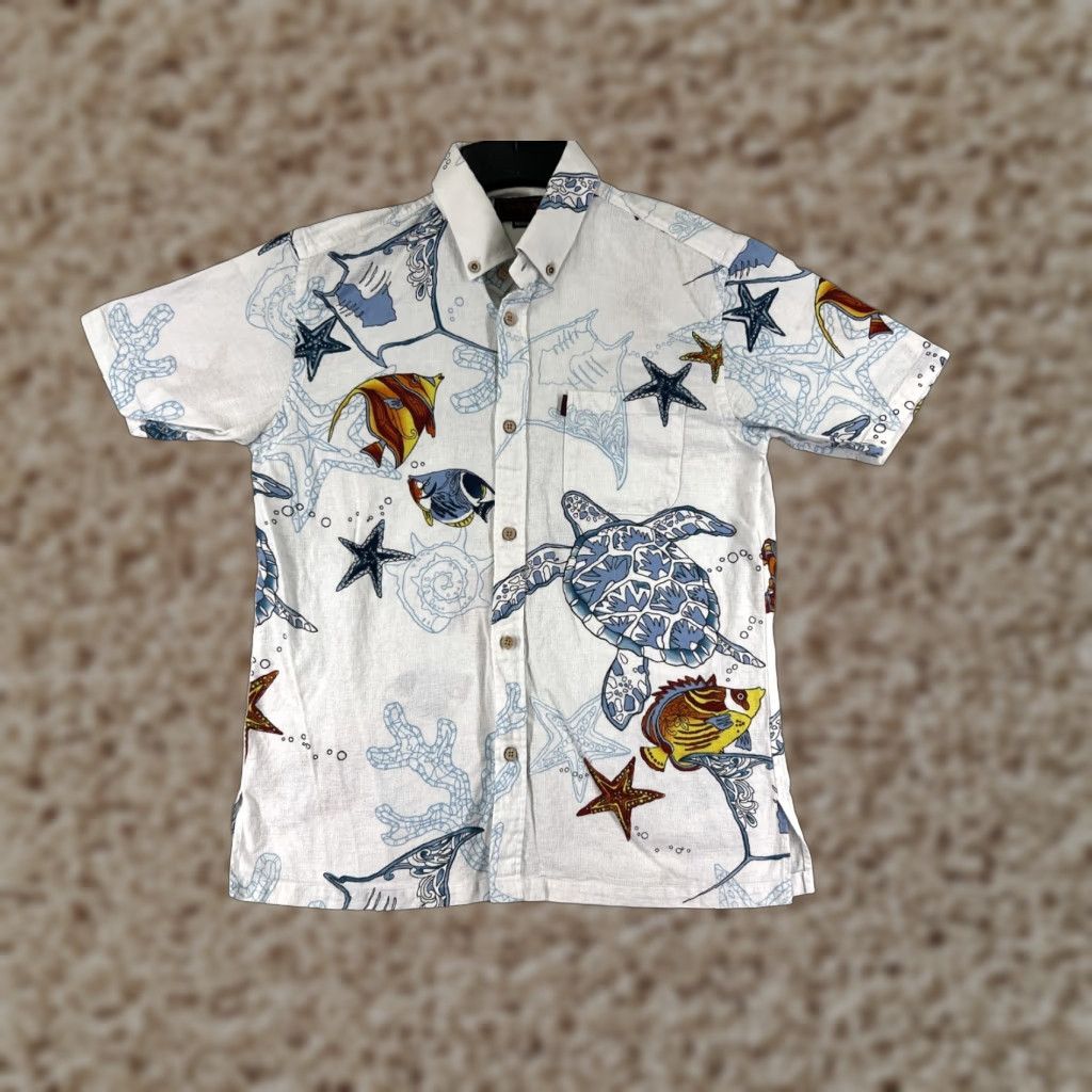Vintage Majun Shirt Mens Medium White Blue Tropical Fish Sea Turtle Button Up Japan Size US M / EU 48-50 / 2 - 1 Thumbnail