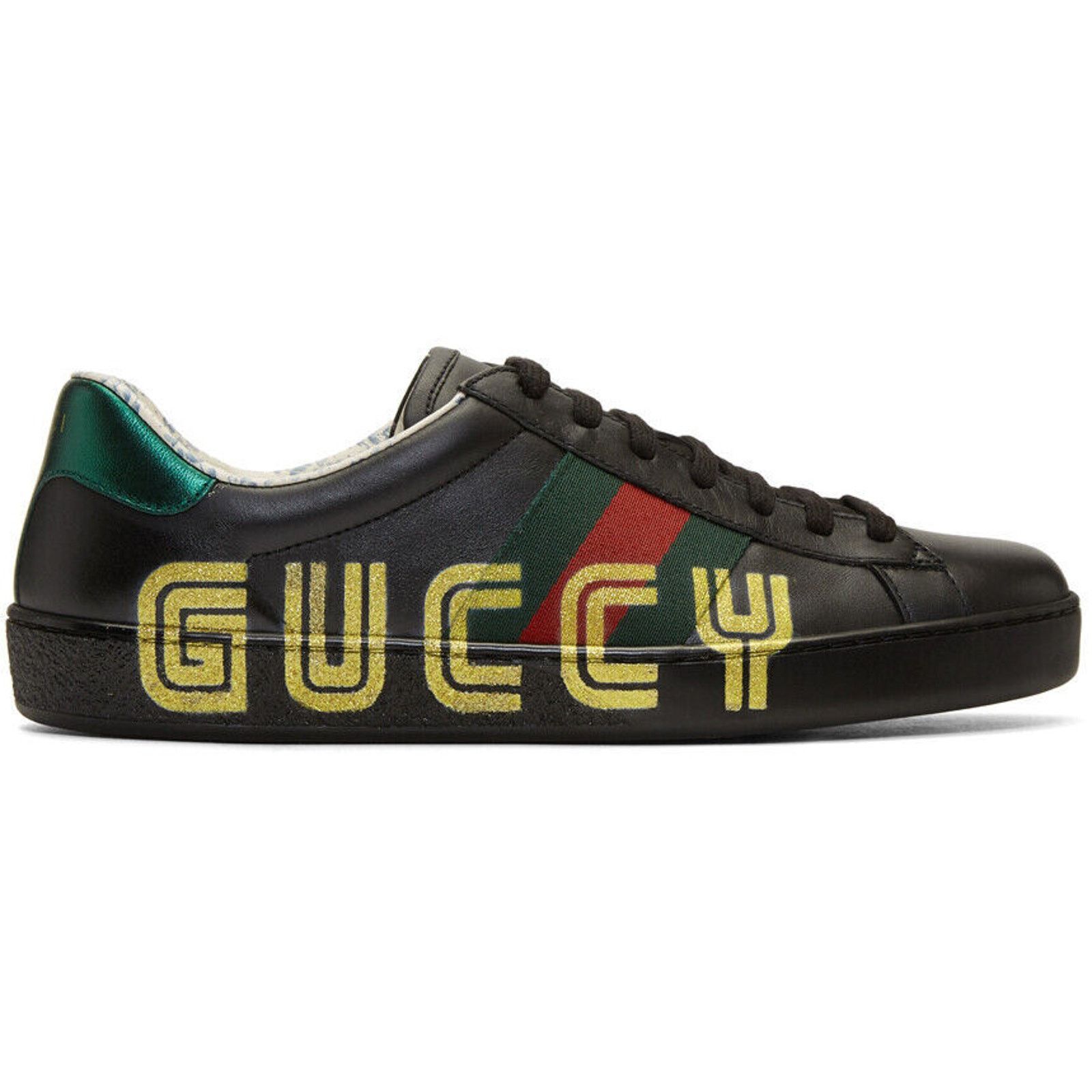 Gucci Mens Black New Ace Guccy Leather Gold Flat Low Top