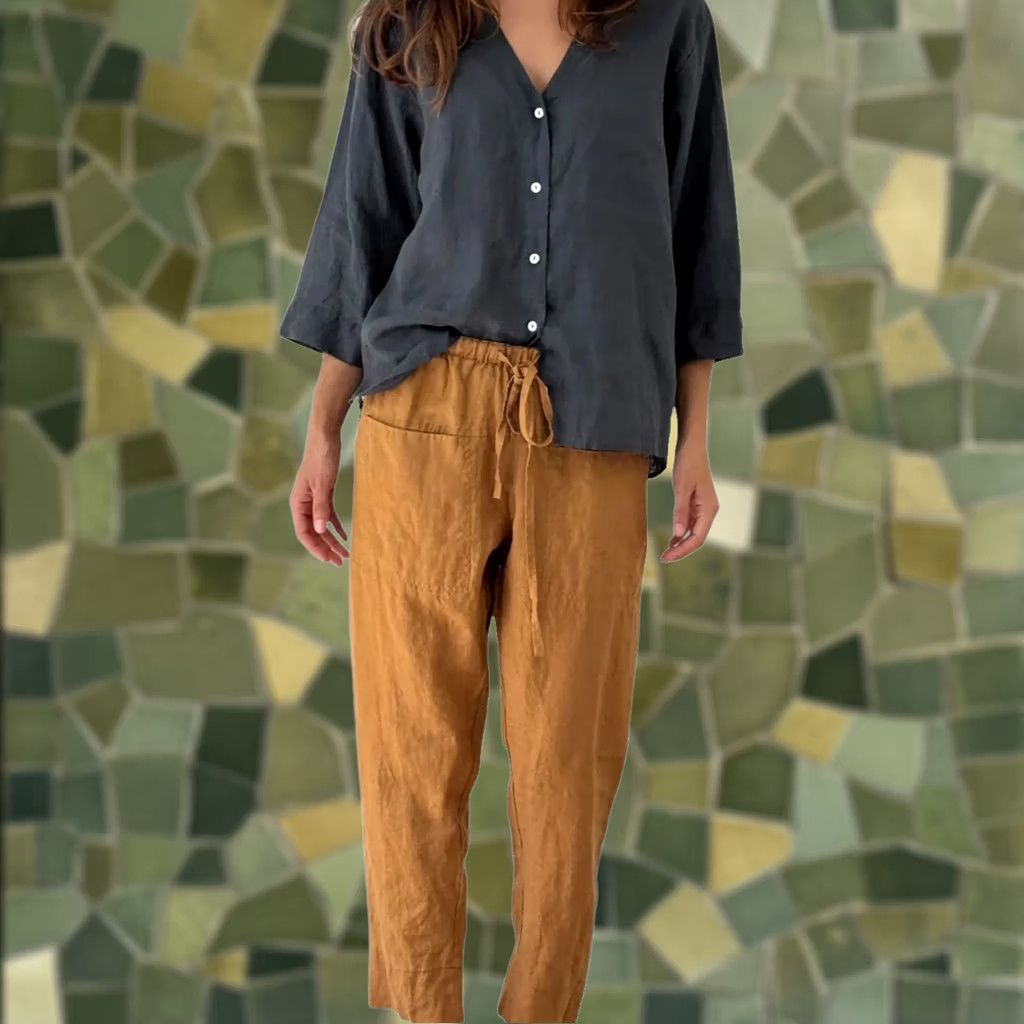 Vintage Frockk 100% Linen Carmel Brown Pocket Tie Tapered High Rise Darcy Pant Woman XL Size 40" / US 18 - 1 Thumbnail