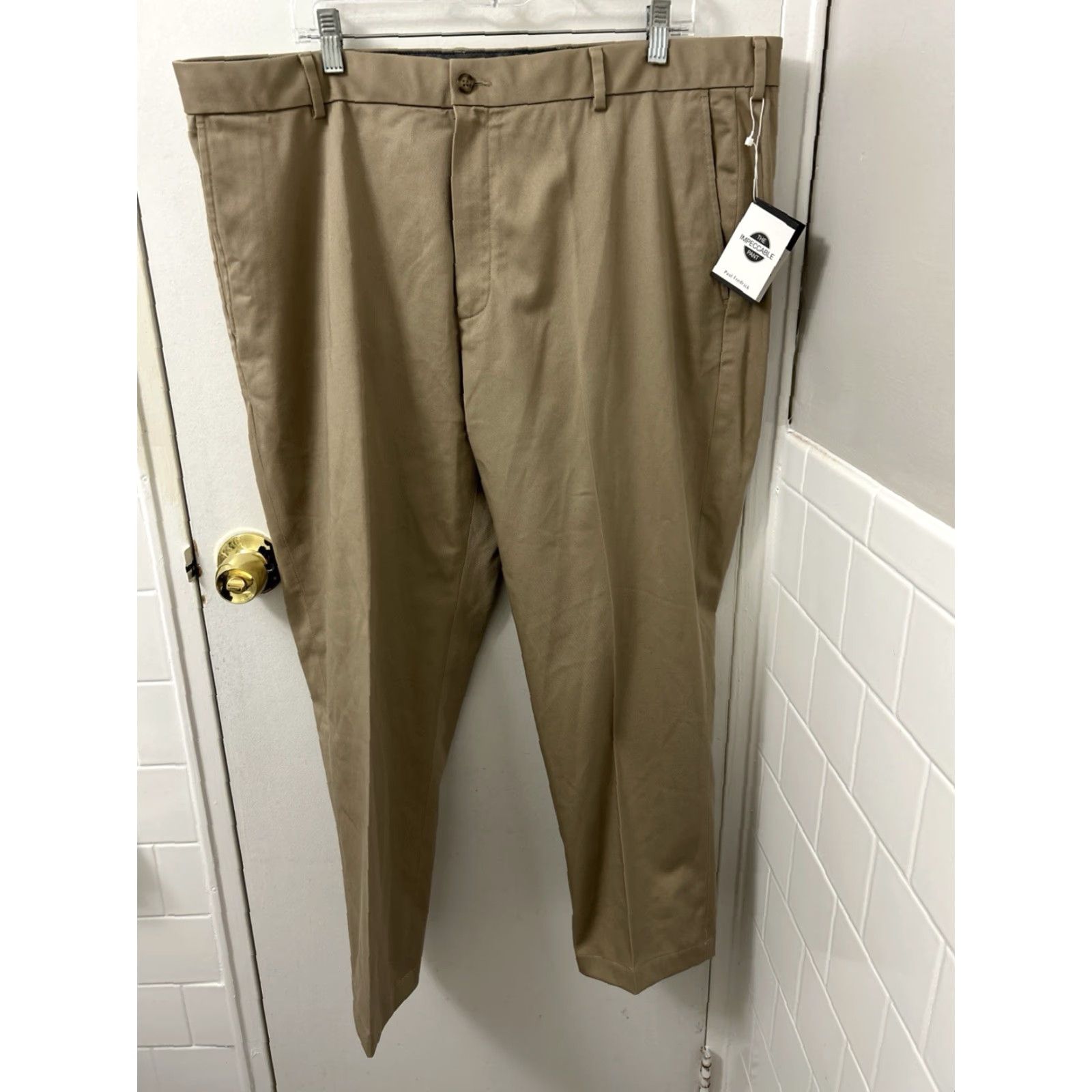 Vintage Paul Fredrick Pants Mens 42x28 Tan Khaki Tailored Fit NWT Zipper Button Chino Stretch Wrinkle Resistant Cotton Blend 5-Pocket Size US 42 / EU 58 - 7 Thumbnail